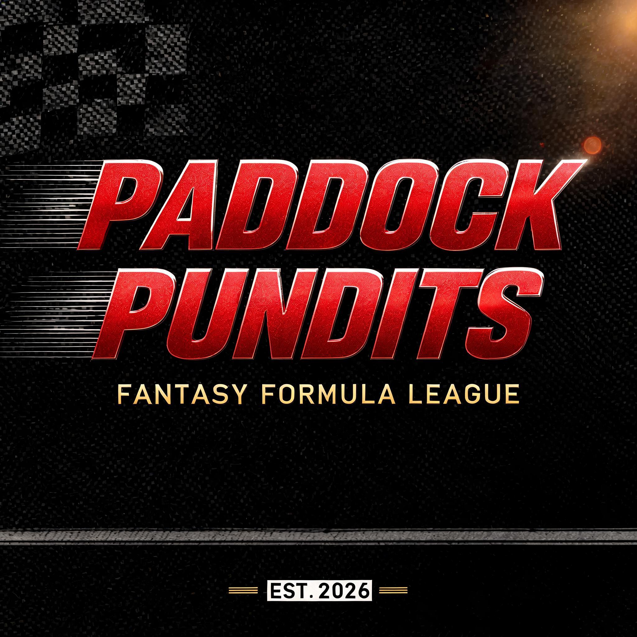 "PADDOCK
PUNDITS
FANTASY FORMULA LEAGUE
EST. 2026" — Racing | AI Text Effect Generator