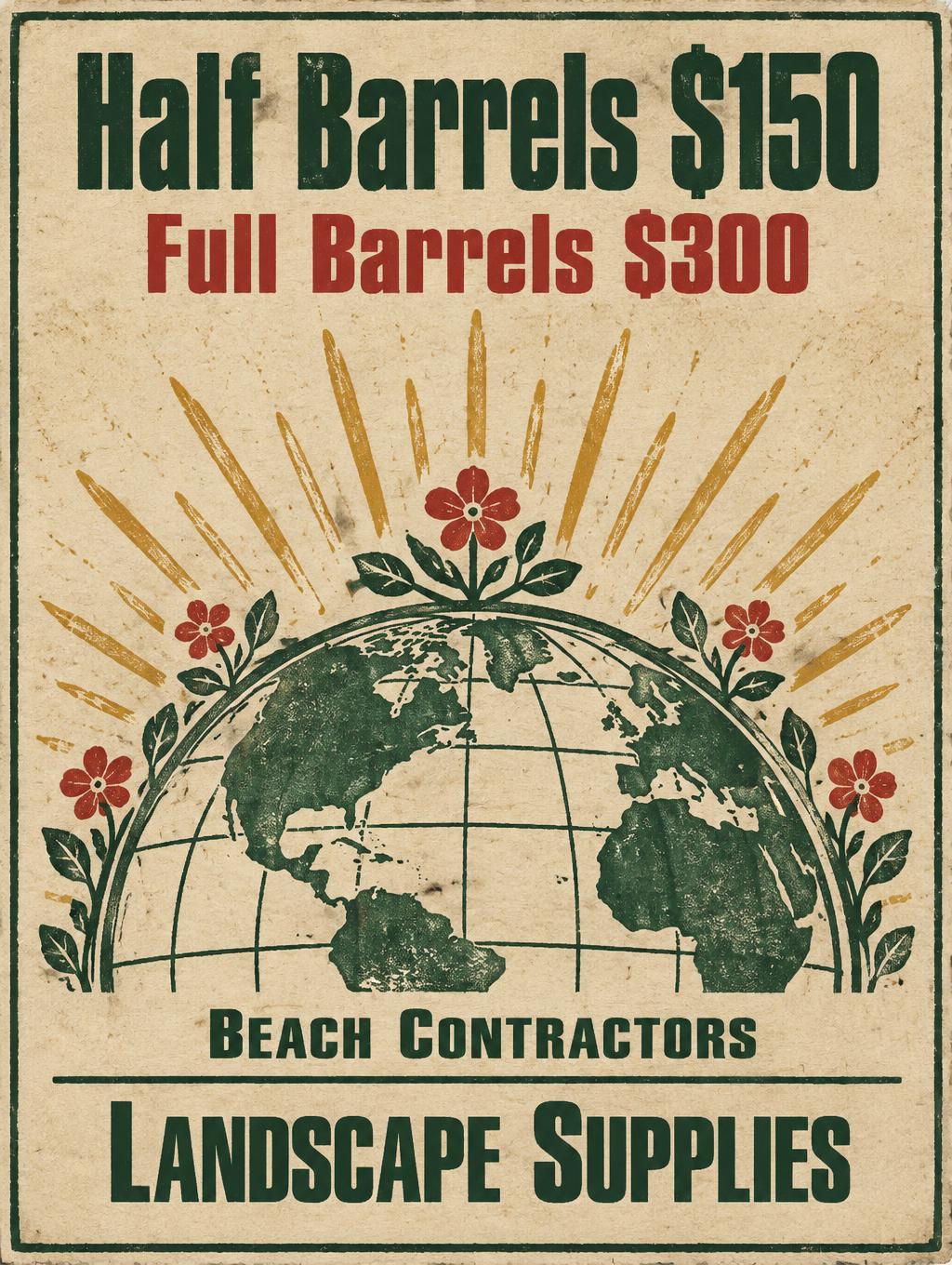 "Half Barrels $150 Full Barrels $300 Beach Contractors Landscape Supplies" — Vintage | AI Text Effect Generator