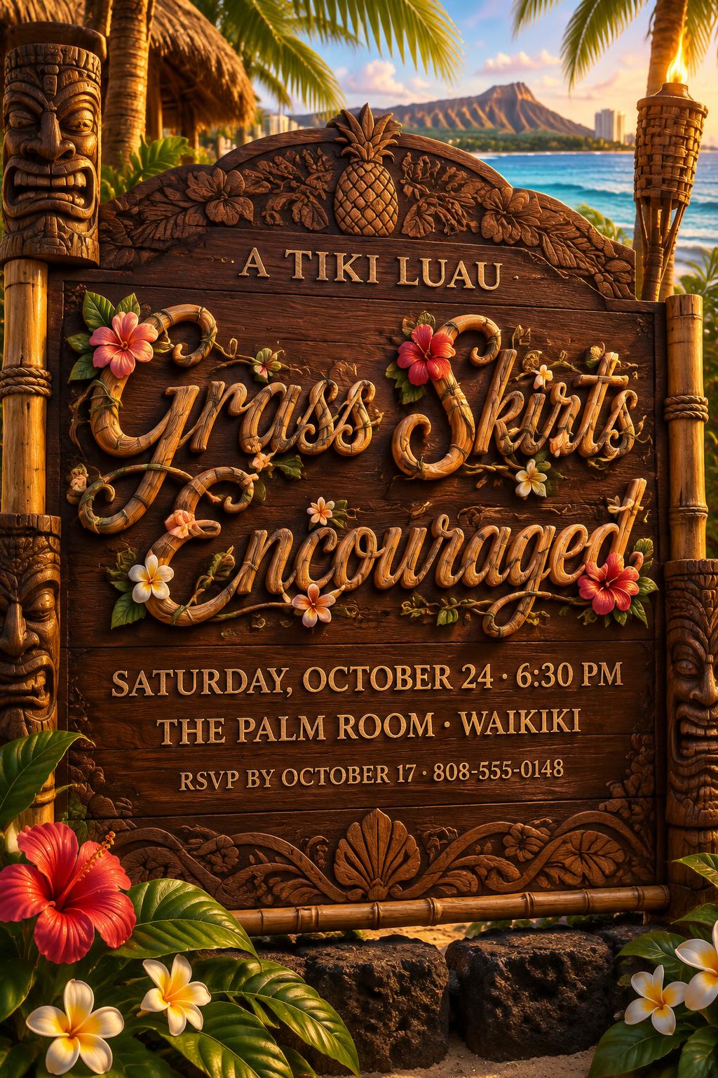 "Grass Skirts
Encouraged
A TIKI LUAU
SATURDAY, OCTOBER 24 · 6:30 PM
THE PALM ROOM · WAIKIKI
RSVP BY OCTOBER 17 · 808-555-0148" — Hawaiian | AI Text Effect Generator
