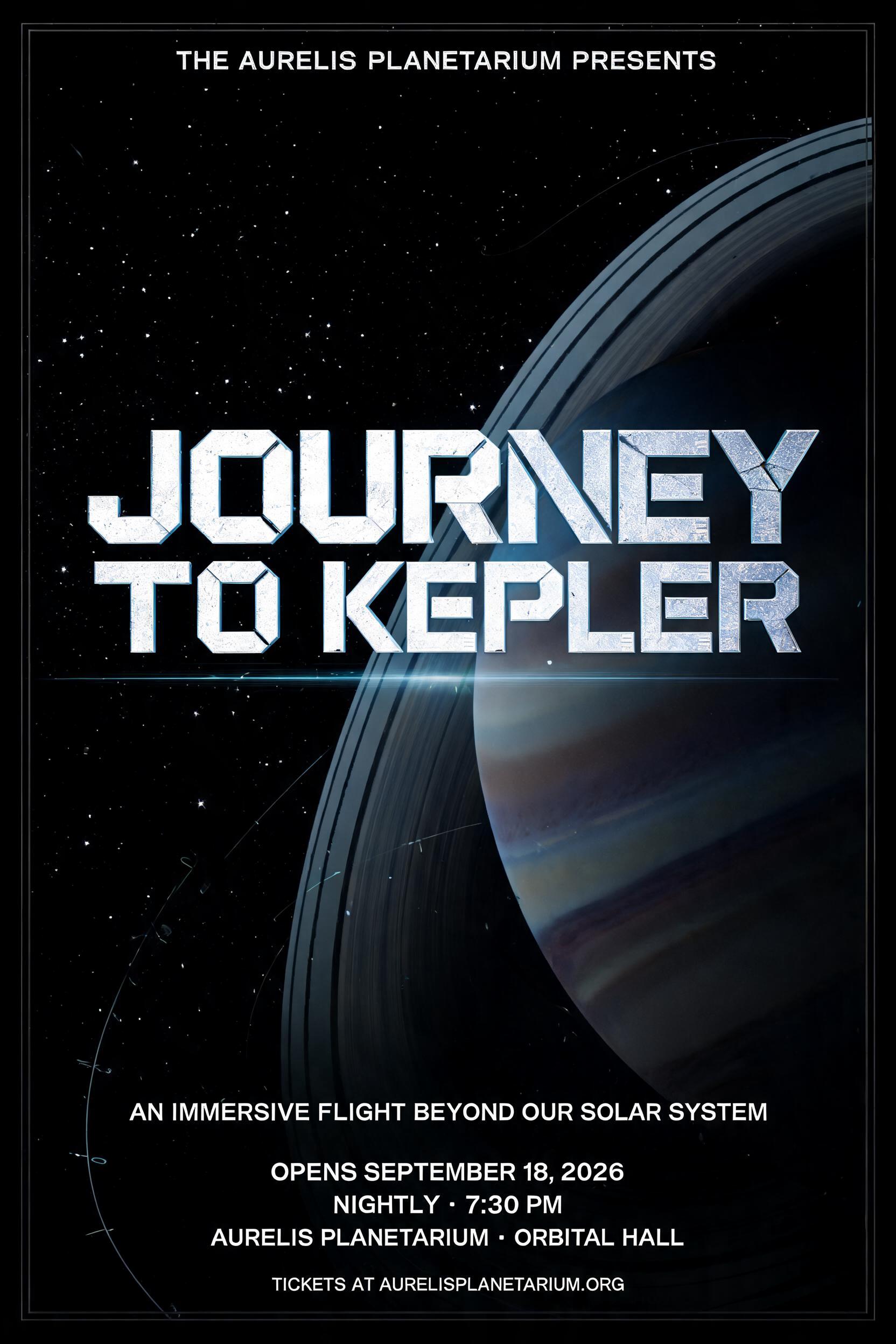 THE AURELIS PLANETARIUM PRESENTS
JOURNEY
TO KEPLER
AN IMMERSIVE FLIGHT BEYOND OUR SOLAR SYSTEM
OPENS SEPTEMBER 18, 2026
NIGHTLY · 7:30 PM
AURELIS PLANETARIUM · ORBITAL HALL
TICKETS AT AURELISPLANETARIUM.ORG