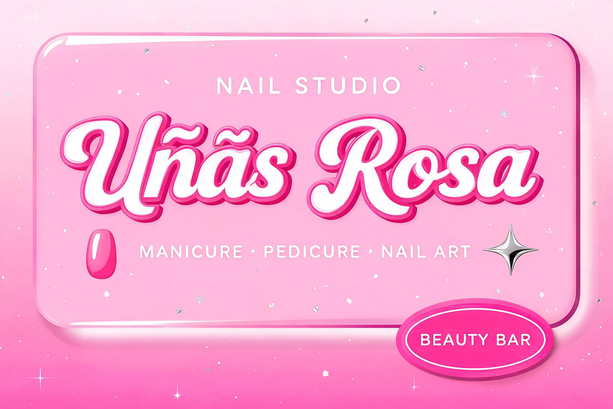 "Uñas Rosa
NAIL STUDIO
MANICURE · PEDICURE · NAIL ART
BEAUTY BAR" — Barbie | AI Text Effect Generator
