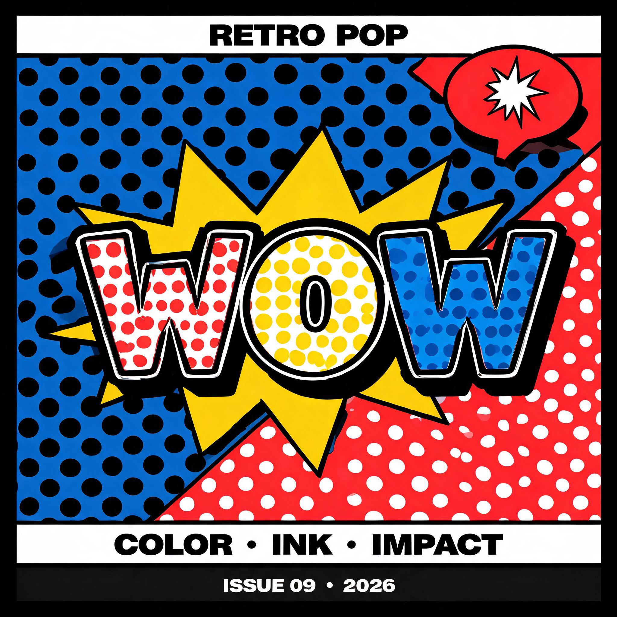 "WOW
RETRO POP
COLOR • INK • IMPACT
ISSUE 09 • 2026" — Pop Art | AI Text Effect Generator