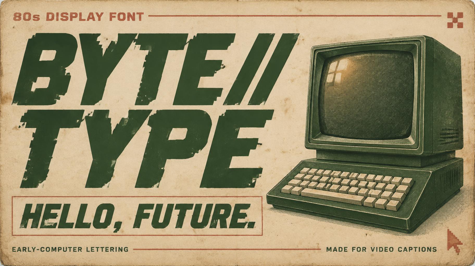 "BYTE//TYPE
80s DISPLAY FONT
HELLO, FUTURE.
EARLY-COMPUTER LETTERING
MADE FOR VIDEO CAPTIONS" — Vintage | AI Text Effect Generator