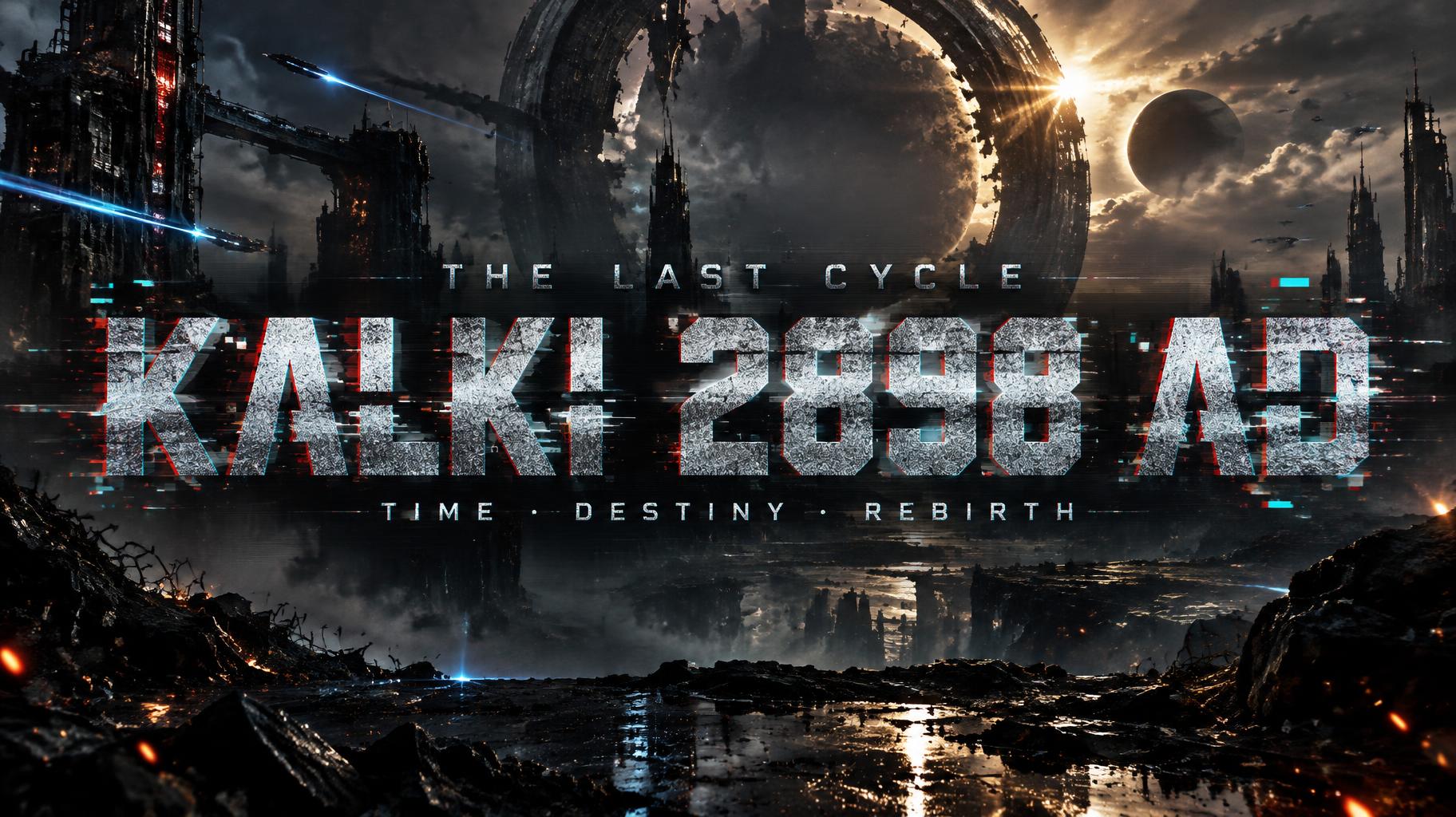 "KALKI 2898 AD
THE LAST CYCLE
TIME · DESTINY · REBIRTH" — Glitch | AI Text Effect Generator