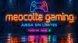 "meocolte gaming
JUEGA SIN LÍMITES
PLAYER ONE • ONLINE" — neon glow text effect