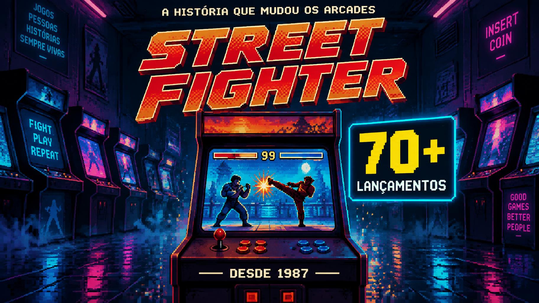 "STREET FIGHTER
A HISTÓRIA QUE MUDOU OS ARCADES
70+
LANÇAMENTOS
DESDE 1987" —  text effect