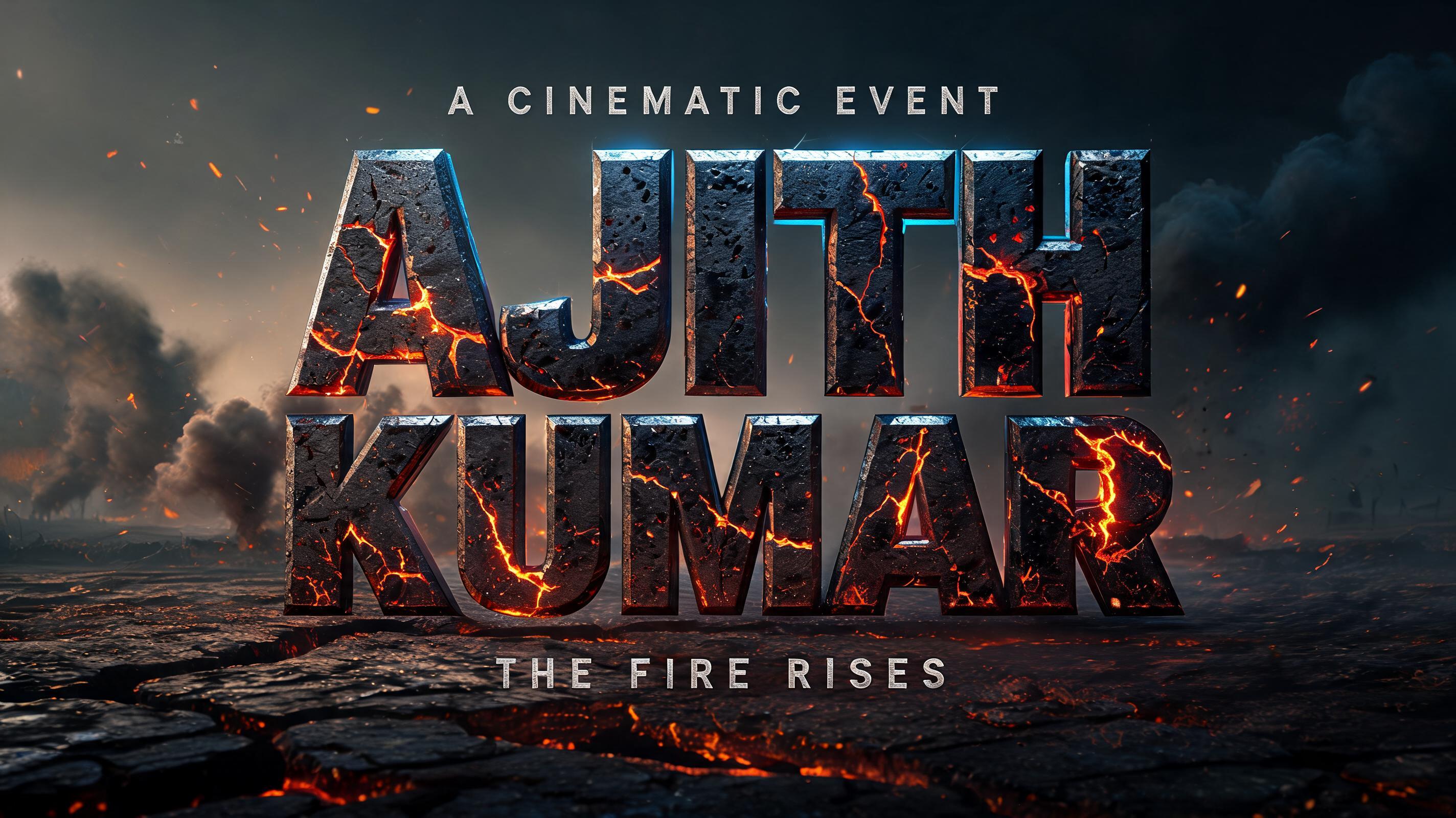 "AJITH
KUMAR
A CINEMATIC EVENT
THE FIRE RISES" — Post Apocalyptic | AI Text Effect Generator