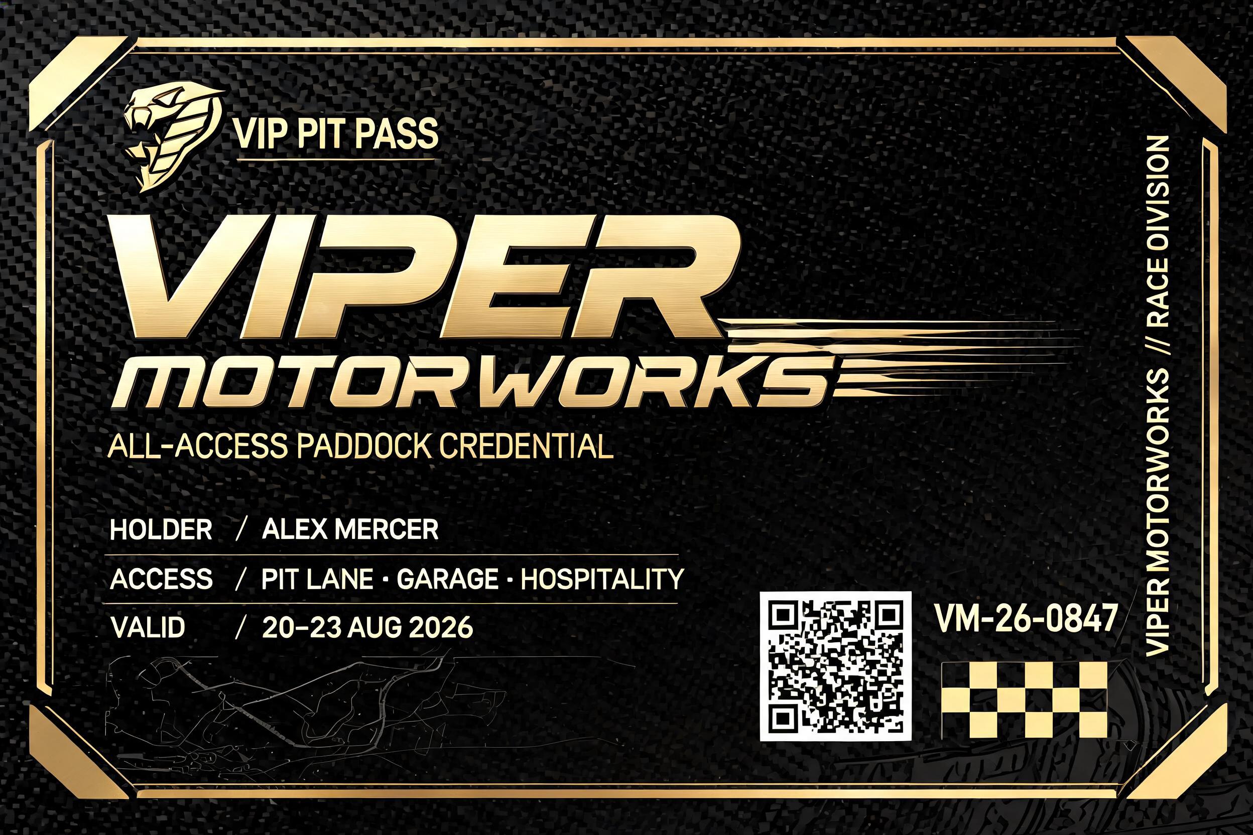 "Whip up a VIP pit pass for Viper Motorworks using championship gold and carbon black" — Racing text effect