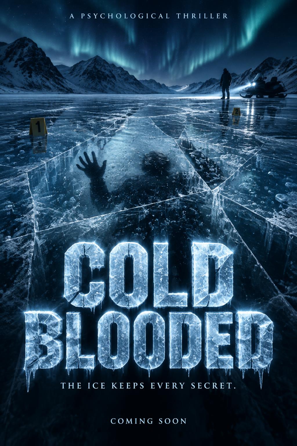 "COLD BLOODED
A PSYCHOLOGICAL THRILLER
THE ICE KEEPS EVERY SECRET.
COMING SOON" — Glass Frozen | AI Text Effect Generator