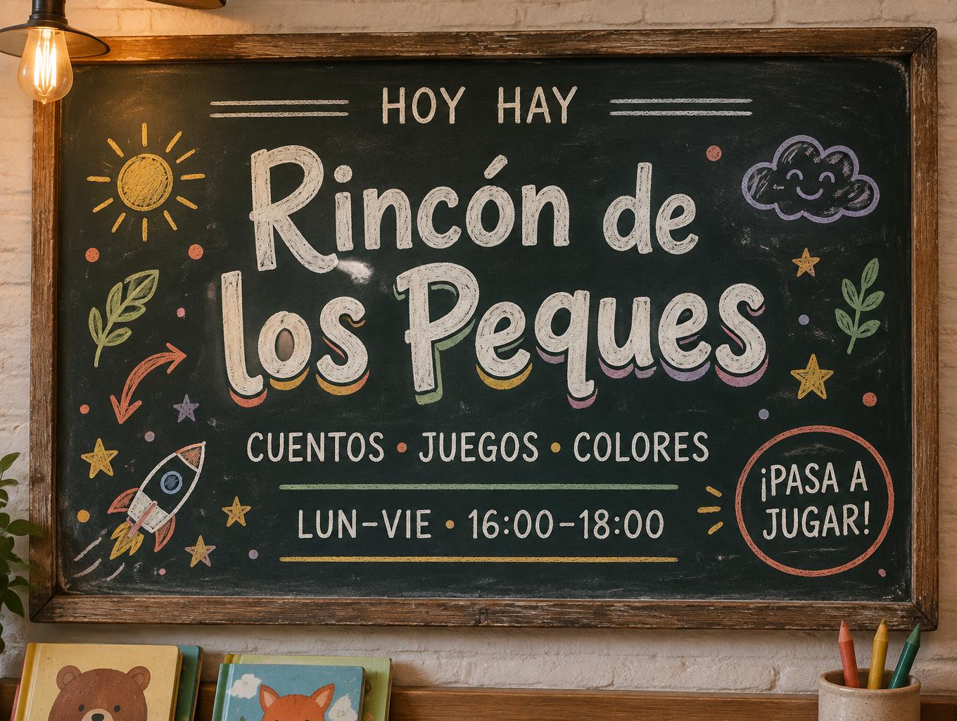 "Rincón de
los Peques
HOY HAY
CUENTOS · JUEGOS · COLORES
LUN–VIE · 16:00–18:00
¡PASA A JUGAR!" — Chalk | AI Text Effect Generator