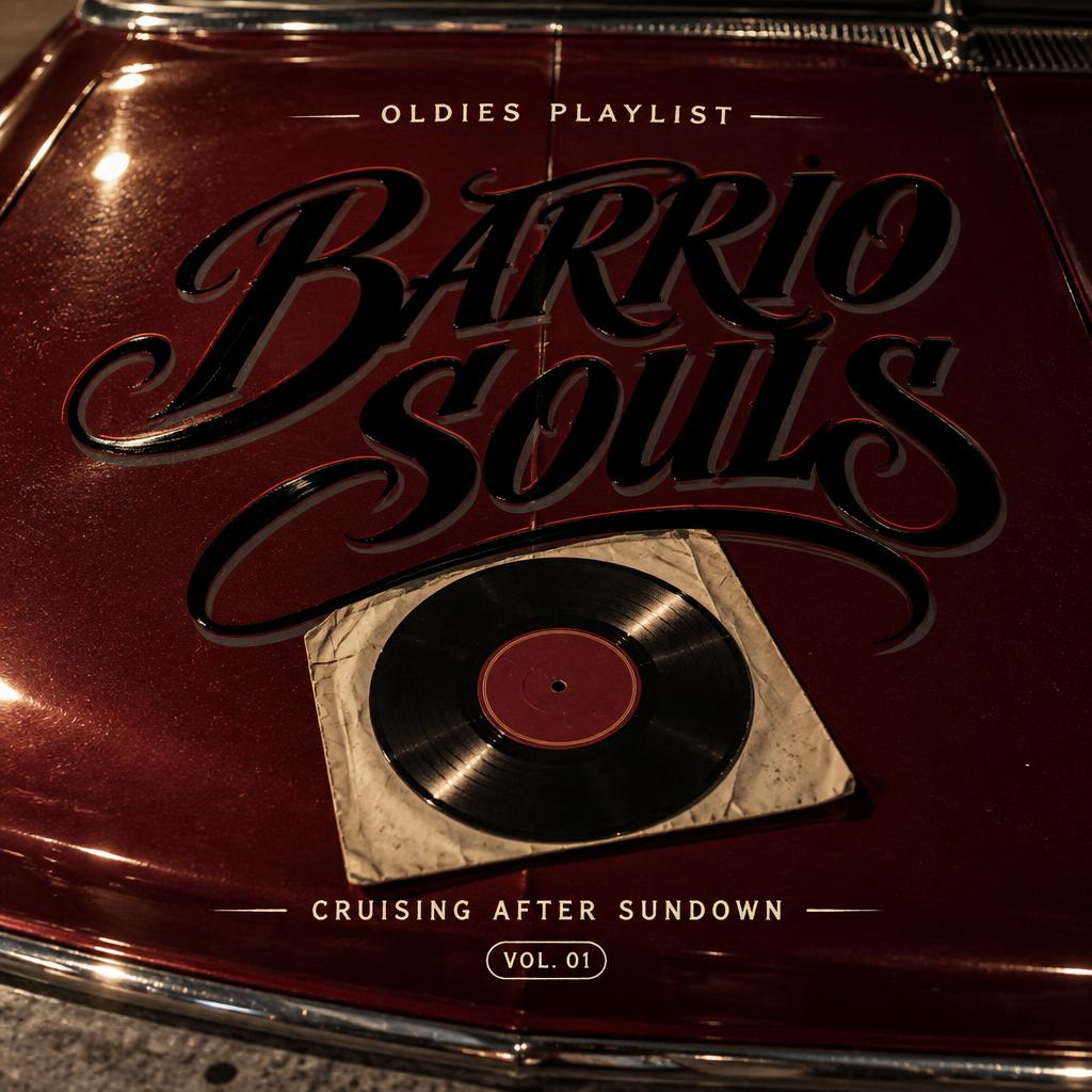 "BARRIO
SOULS
OLDIES PLAYLIST
CRUISING AFTER SUNDOWN
VOL. 01" — Chicano | AI Text Effect Generator