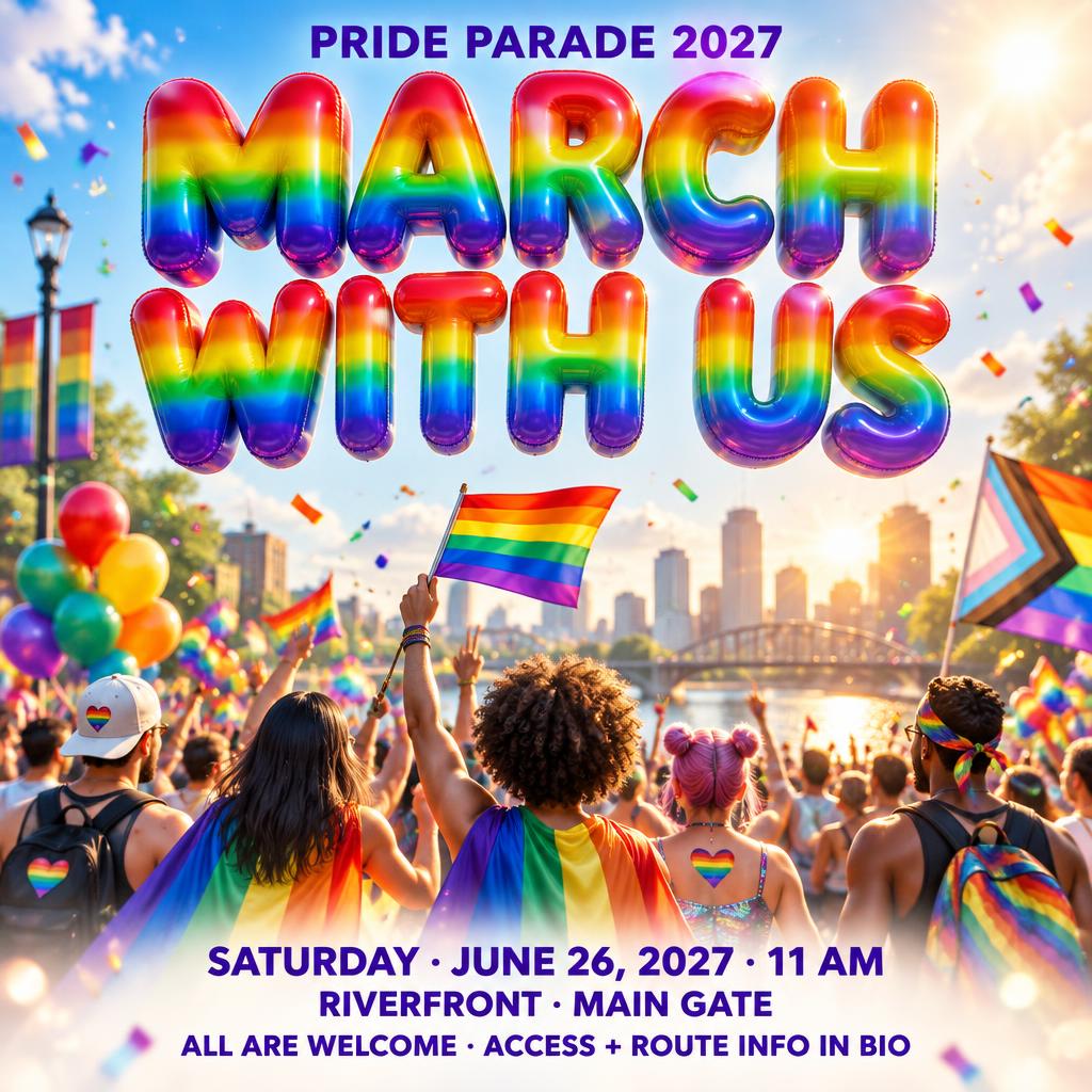 "MARCH WITH US
PRIDE PARADE 2027
SATURDAY · JUNE 26, 2027 · 11 AM
RIVERFRONT · MAIN GATE
ALL ARE WELCOME · ACCESS + ROUTE INFO IN BIO" — Rainbow | AI Text Effect Generator