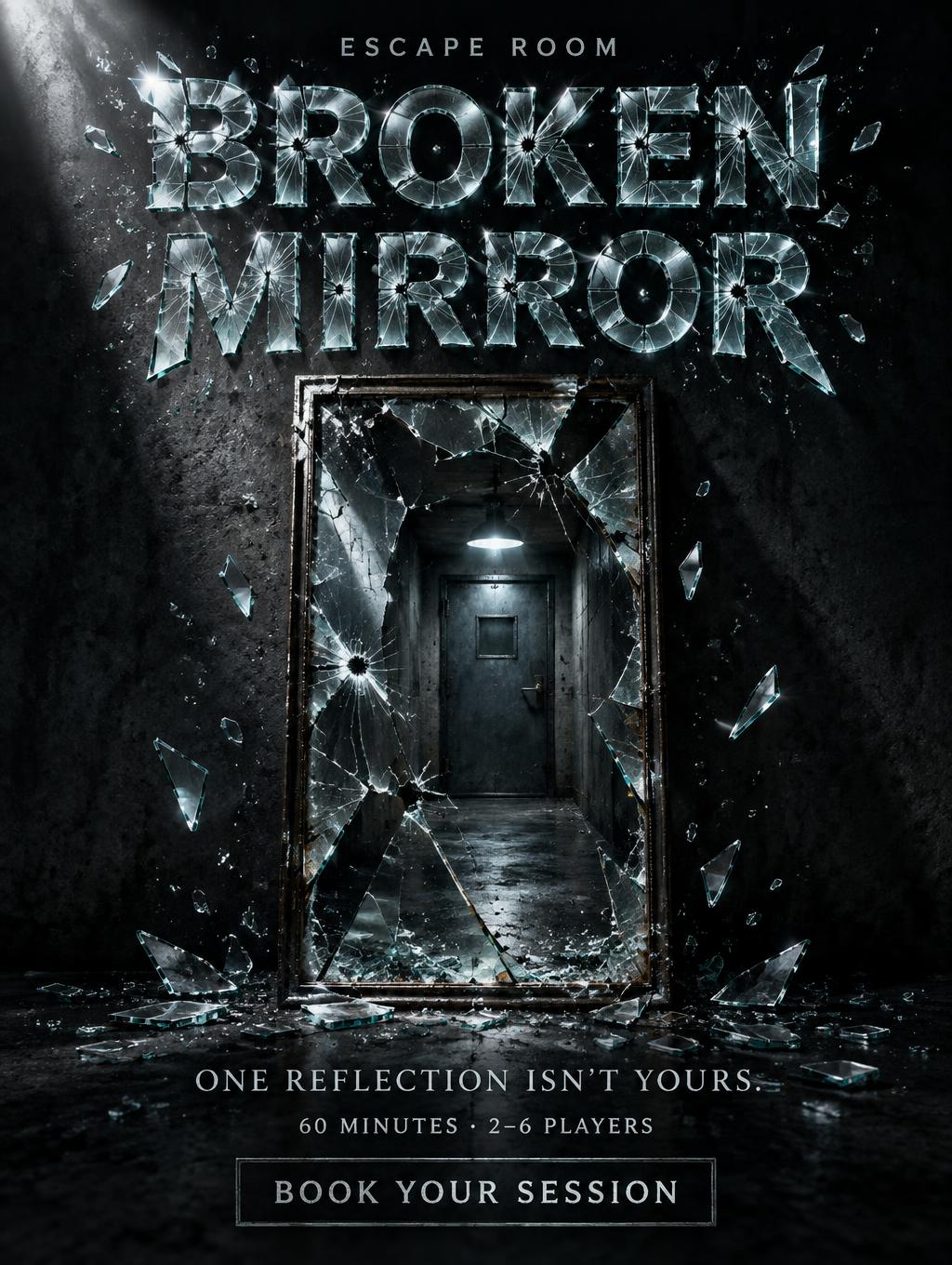 "BROKEN MIRROR
ESCAPE ROOM
ONE REFLECTION ISN'T YOURS.
60 MINUTES · 2–6 PLAYERS
BOOK YOUR SESSION" — Glass Broken text effect