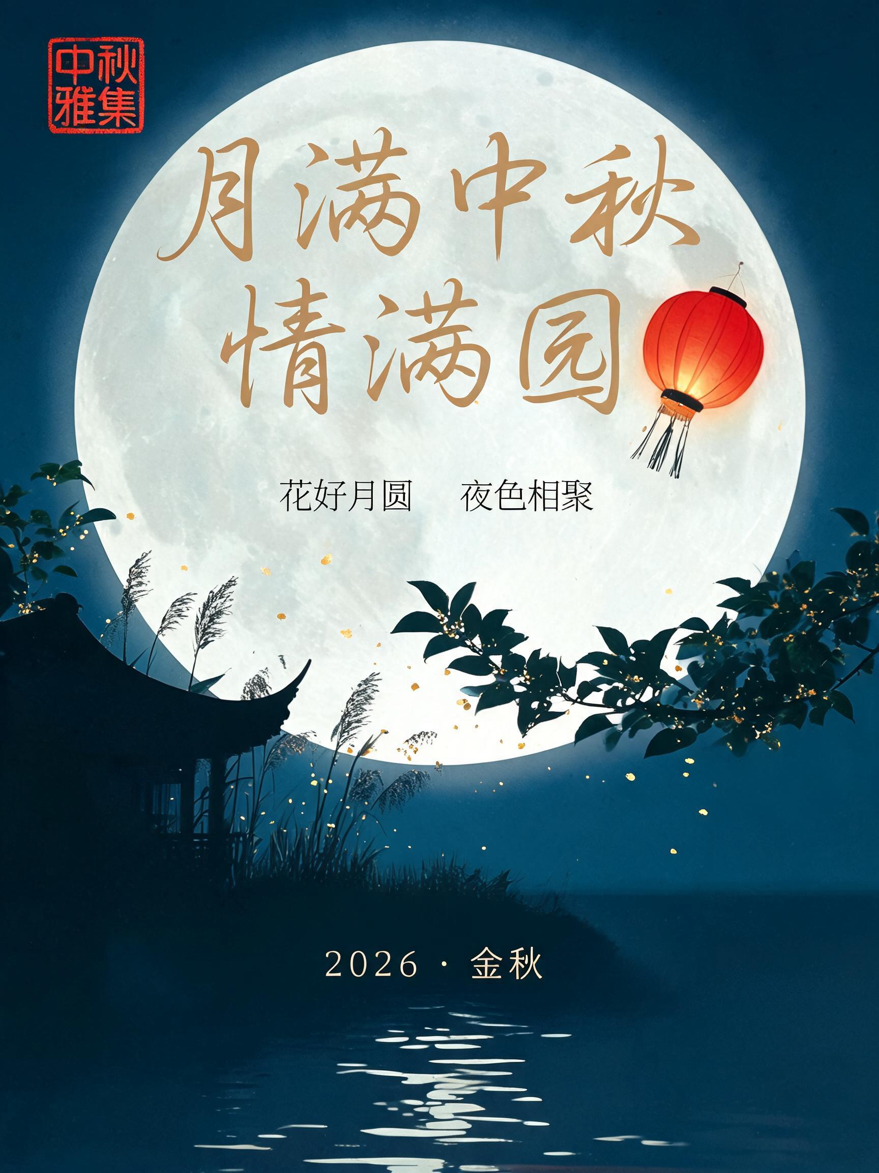 "月满中秋
情满园
中秋雅集
花好月圆  夜色相聚
2026 · 金秋" — Brush Stroke | AI Text Effect Generator