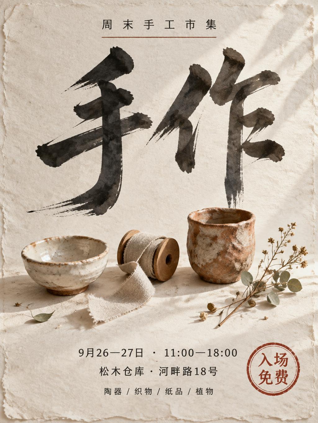 "手作
周末手工市集
9月26—27日 · 11:00—18:00
松木仓库 · 河畔路18号
陶器 / 织物 / 纸品 / 植物
入场免费" — Brush Stroke | AI Text Effect Generator