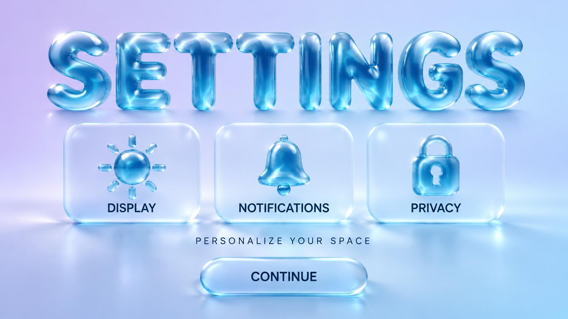 "SETTINGS
DISPLAY
NOTIFICATIONS
PRIVACY
PERSONALIZE YOUR SPACE
CONTINUE" — Glass Liquid | AI Text Effect Generator