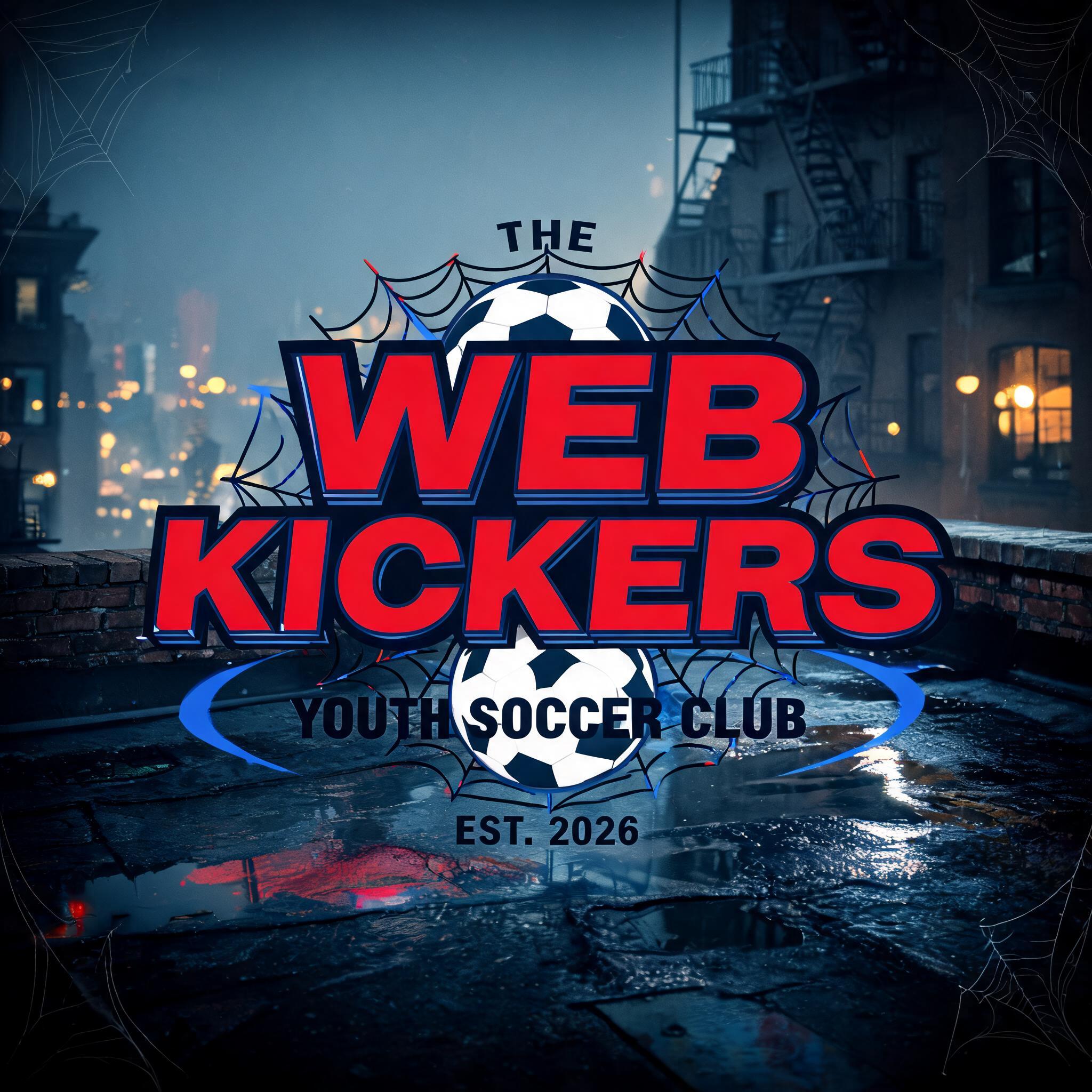 "THE
WEB
KICKERS
YOUTH SOCCER CLUB
EST. 2026" — Spider Hero text effect