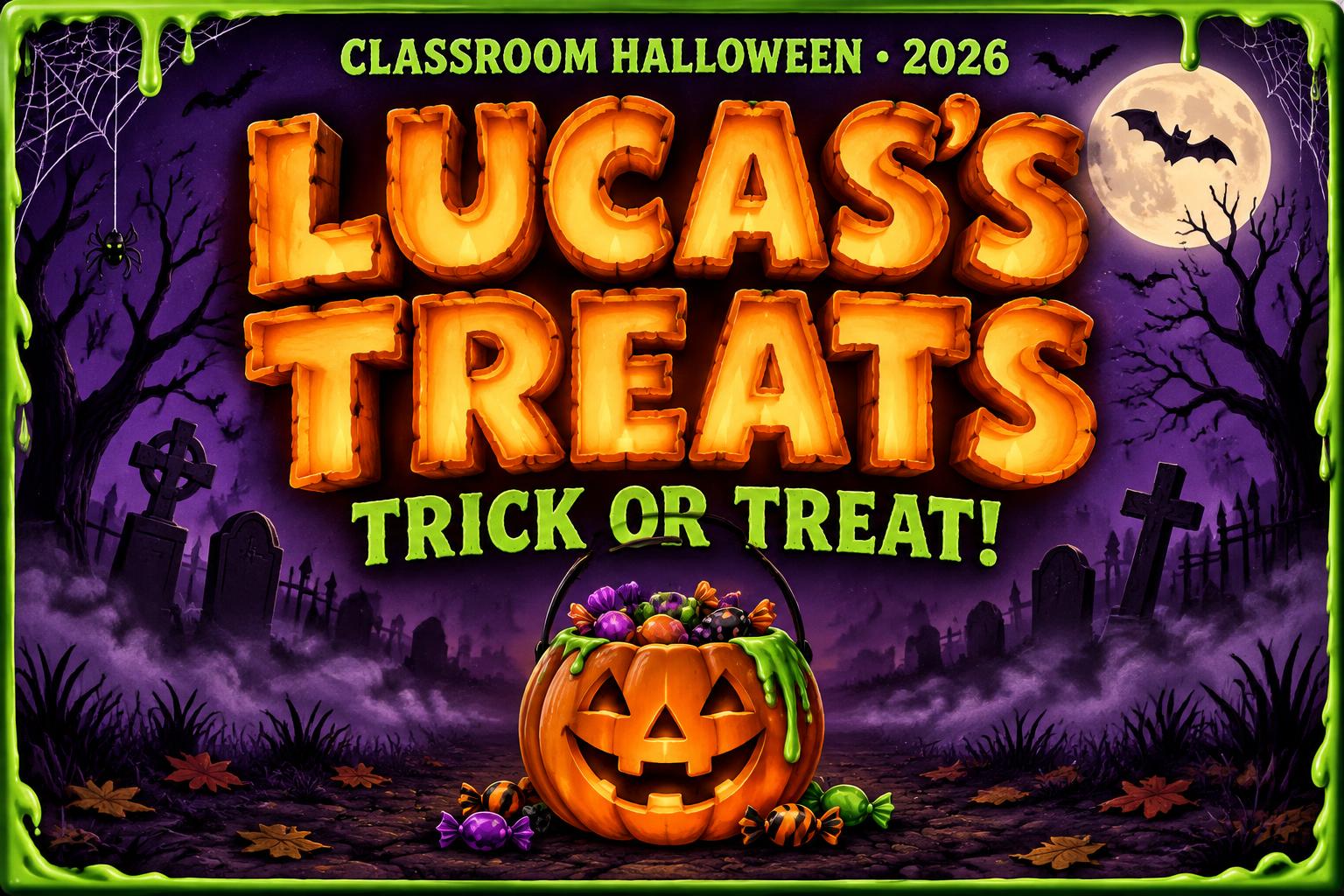 "LUCAS'S TREATS
TRICK OR TREAT!
CLASSROOM HALLOWEEN • 2026" — Halloween text effect