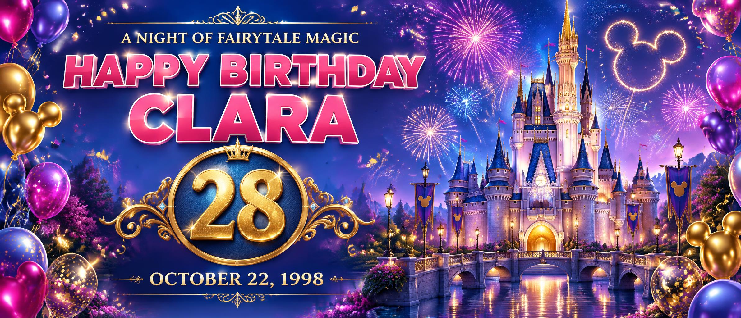 "HAPPY BIRTHDAY CLARA
28
A NIGHT OF FAIRYTALE MAGIC
OCTOBER 22, 1998" — birthday text effect