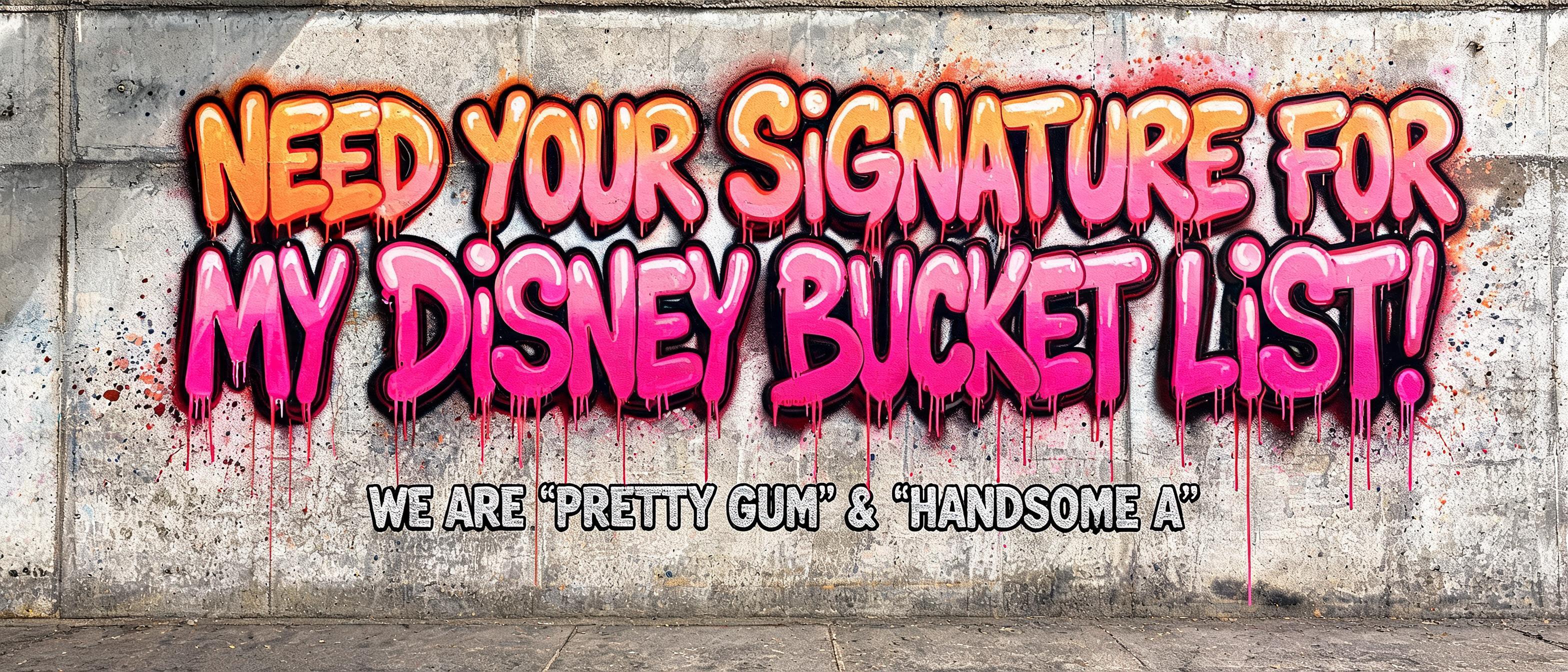 ""NEED YOUR SIGNATURE FOR MY DISNEY BUCKET LIST!" (WE ARE 'PRETTY GUM' & 'HANDSOME A')" — Graffiti | AI Text Effect Generator
