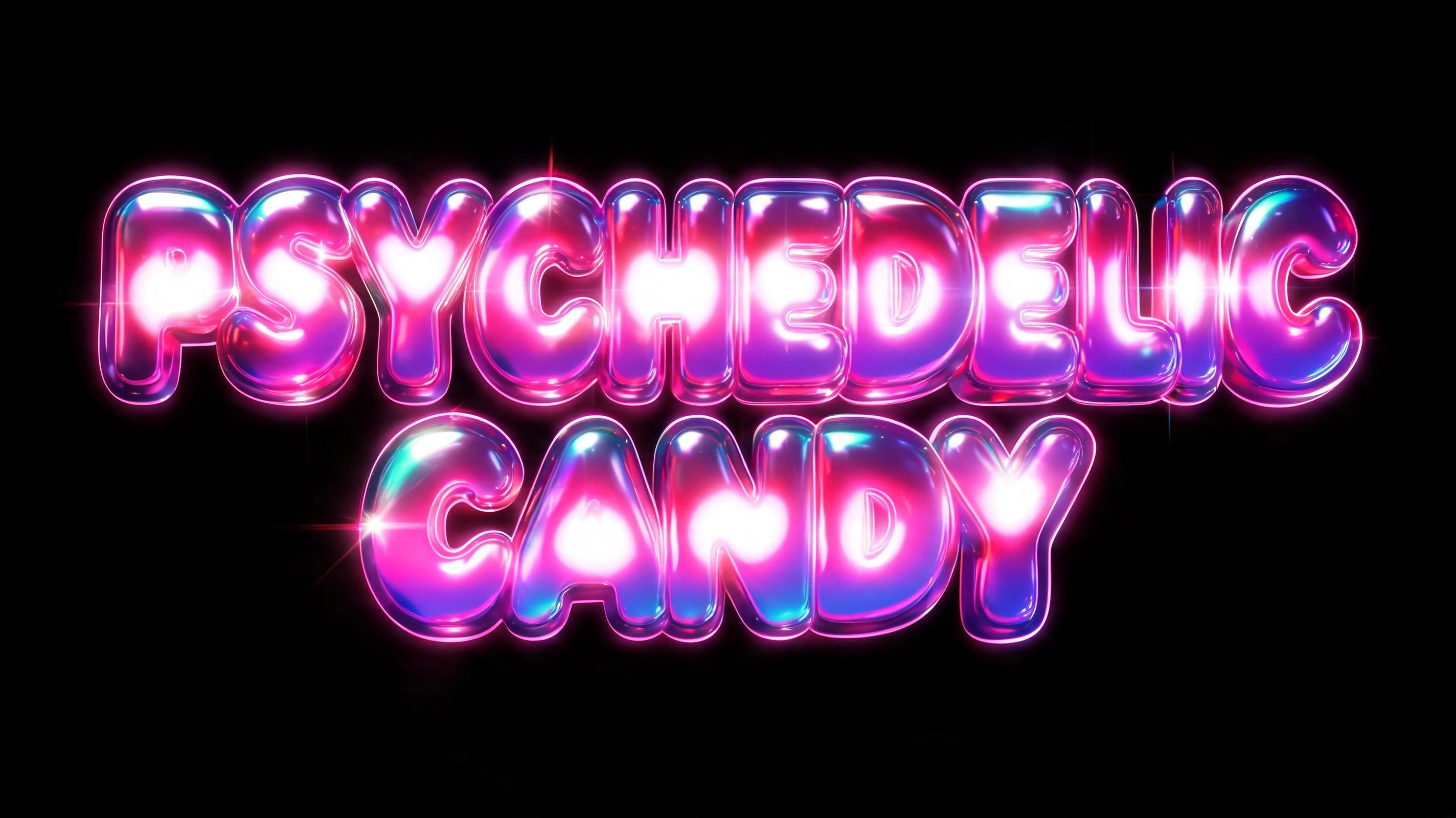 "psychedelic candy-like glossy lettering, neon pink purple turquoise, chunky rounded letters, playful, shiny jelly surface, highly readable, no background" — Cyberpunk Synthwave text effect