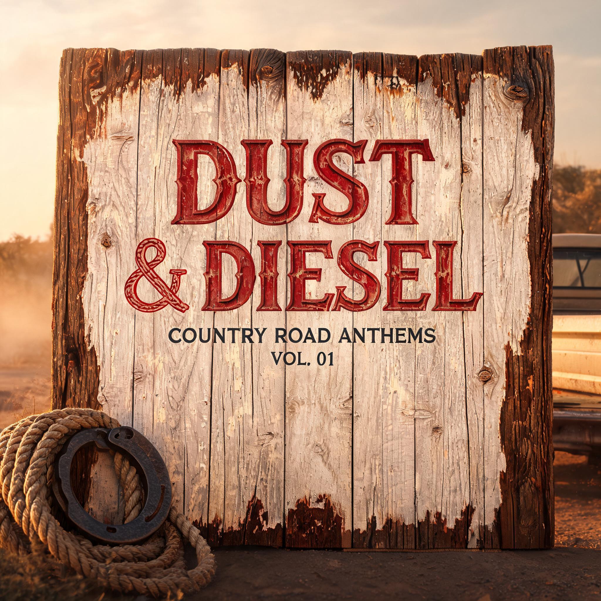 "DUST
& DIESEL
COUNTRY ROAD ANTHEMS
VOL. 01" — Western text effect