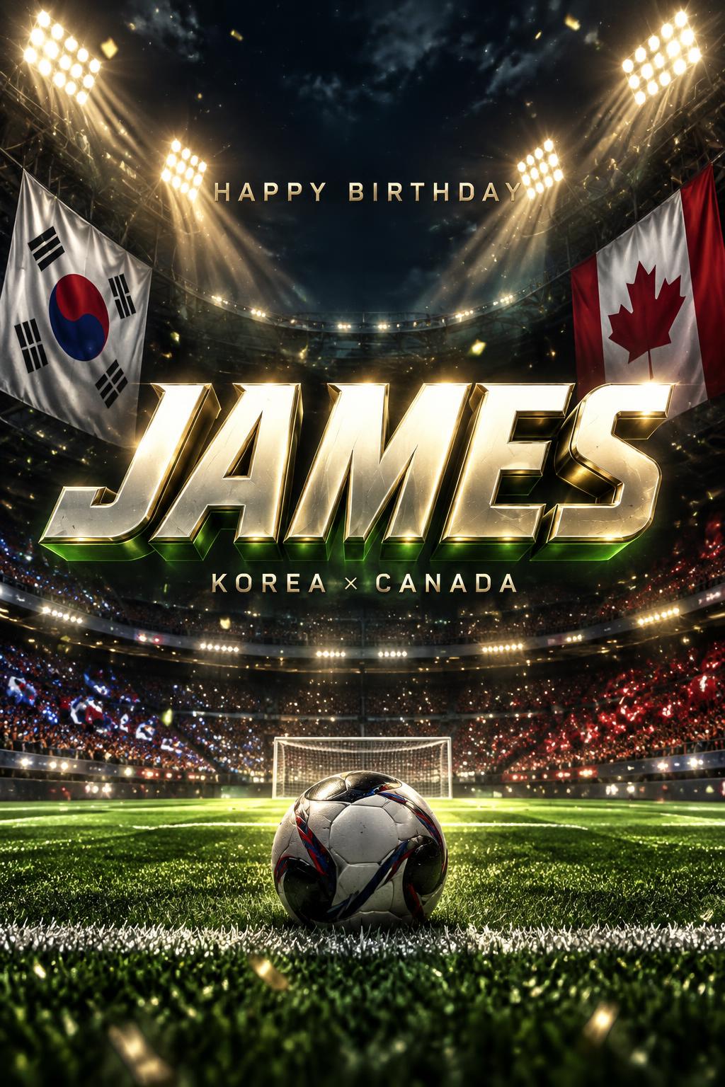 "JAMES
HAPPY BIRTHDAY
KOREA × CANADA" — Sports Football | AI Text Effect Generator