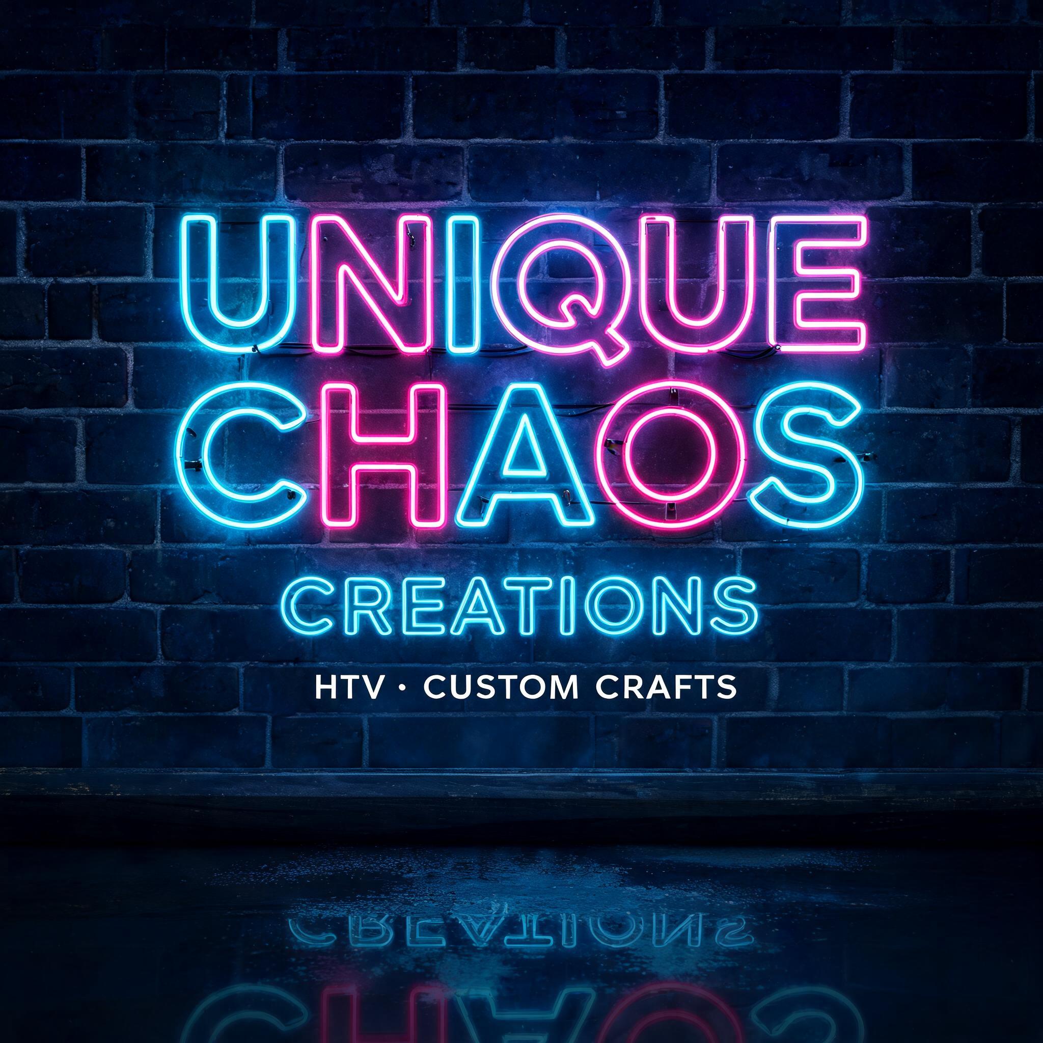 "UNIQUE CHAOS
CREATIONS
HTV • CUSTOM CRAFTS" — Neon Glow | AI Text Effect Generator