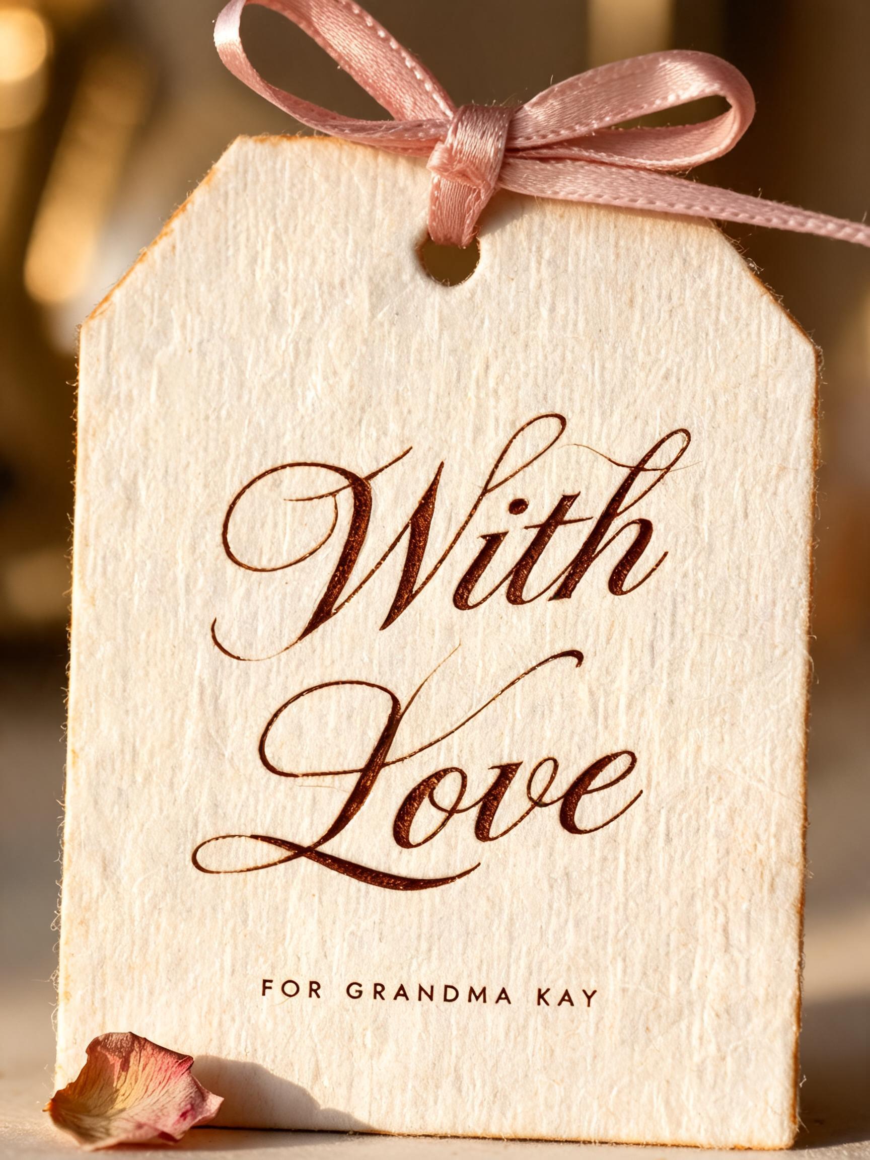 "Give me a gift tag that says With Love for a present to Grandma Kay" — Handwritten Script | AI Text Effect Generator