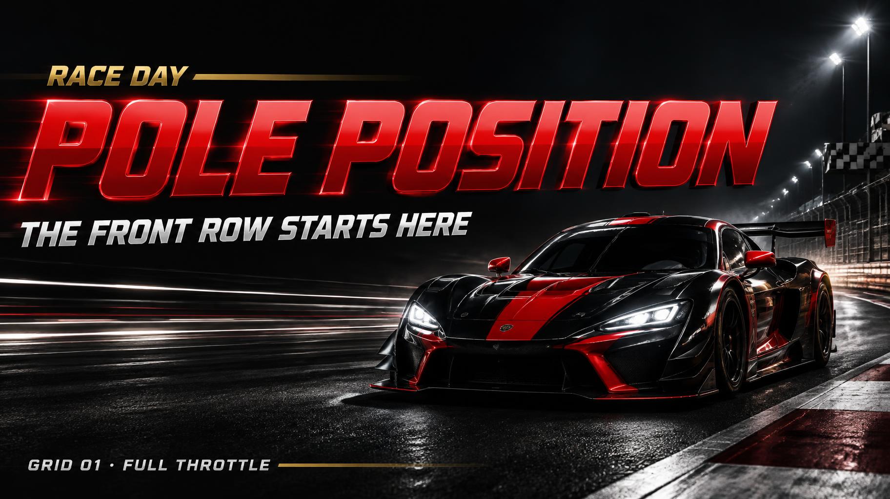 "POLE POSITION
THE FRONT ROW STARTS HERE
RACE DAY
GRID 01 · FULL THROTTLE" — Racing | AI Text Effect Generator
