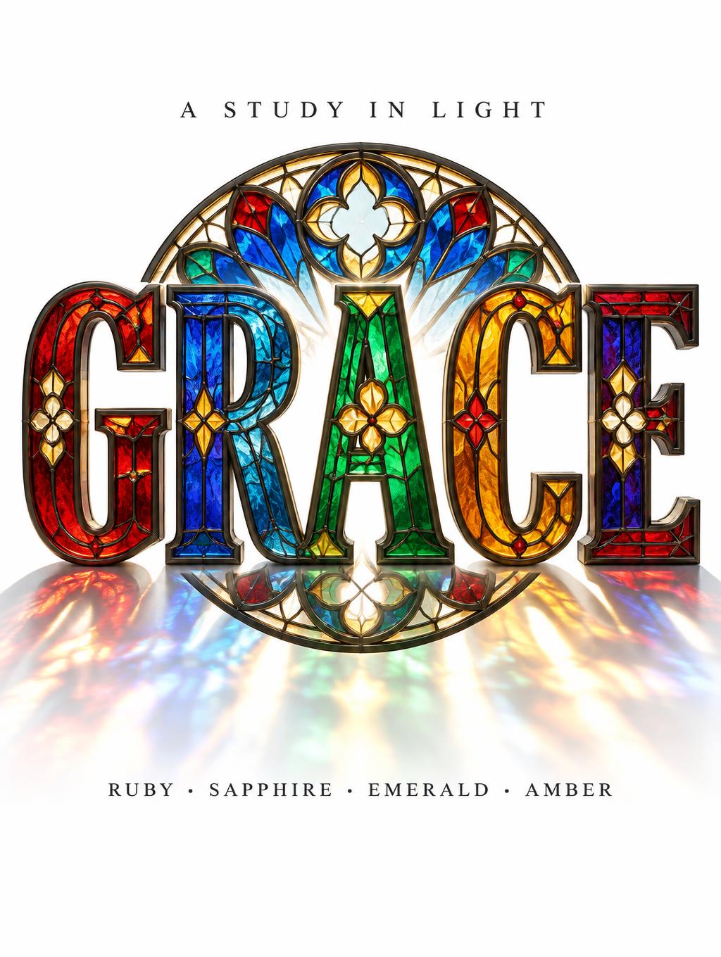 "GRACE
A STUDY IN LIGHT
RUBY · SAPPHIRE · EMERALD · AMBER" — Glass Color text effect