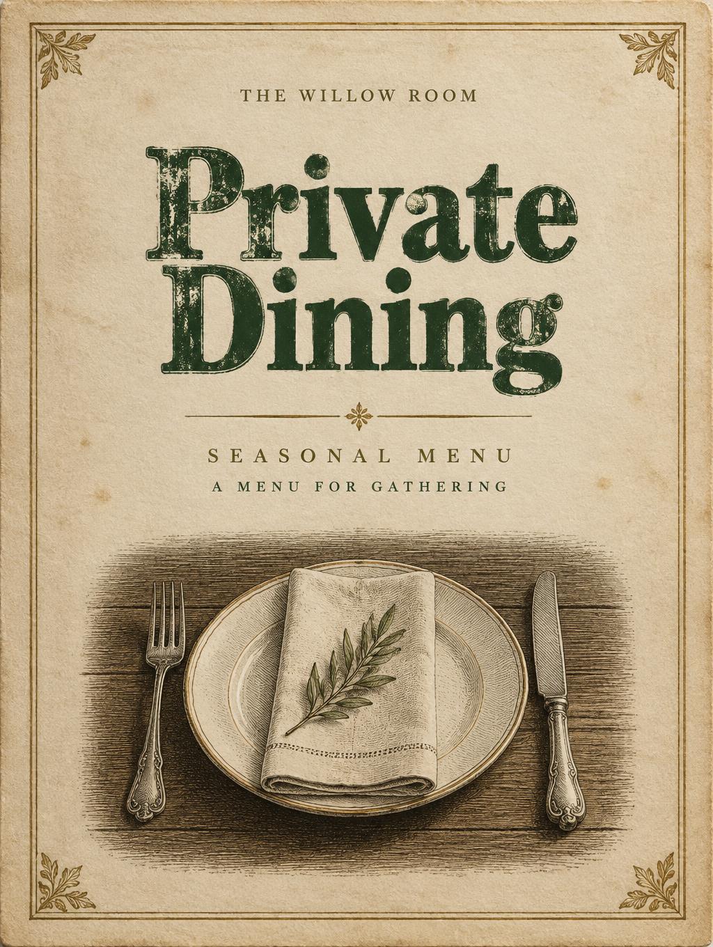 "Private Dining
THE WILLOW ROOM
SEASONAL MENU
A MENU FOR GATHERING" — Vintage | AI Text Effect Generator