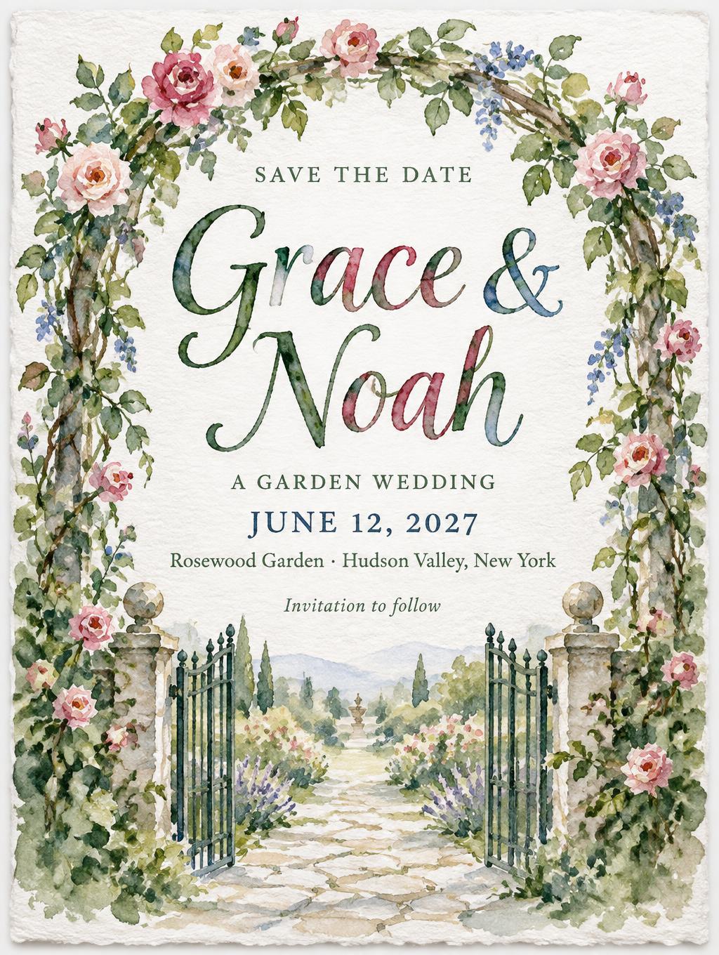 "SAVE THE DATE
Grace & Noah
A GARDEN WEDDING
JUNE 12, 2027
Rosewood Garden · Hudson Valley, New York
Invitation to follow" — watercolor text effect