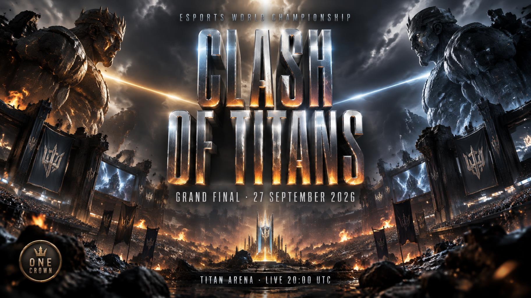 CLASH
OF TITANS
ESPORTS WORLD CHAMPIONSHIP
GRAND FINAL · 27 SEPTEMBER 2026
TITAN ARENA · LIVE 20:00 UTC
ONE CROWN