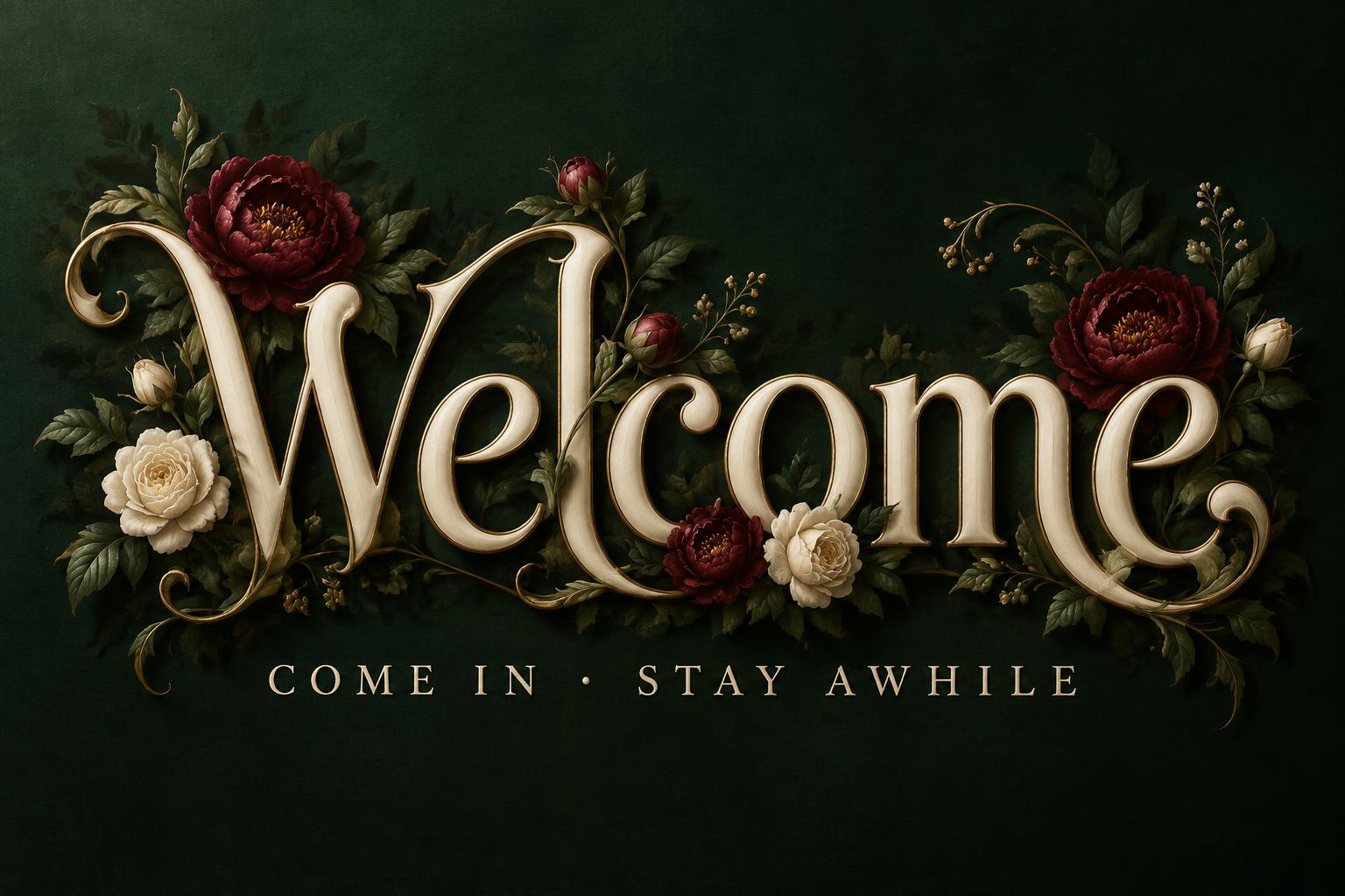 "Welcome
COME IN · STAY AWHILE" — Floral | AI Text Effect Generator