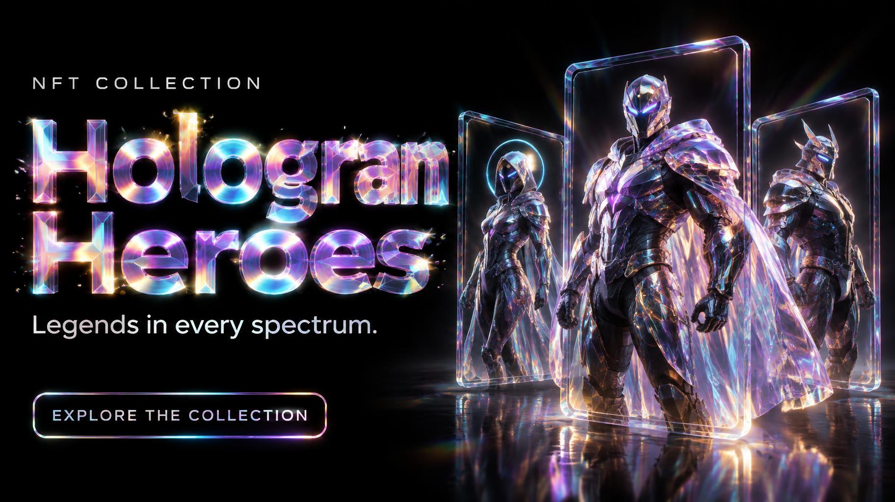 "Hologram Heroes
NFT COLLECTION
Legends in every spectrum.
EXPLORE THE COLLECTION" — Holographic | AI Text Effect Generator