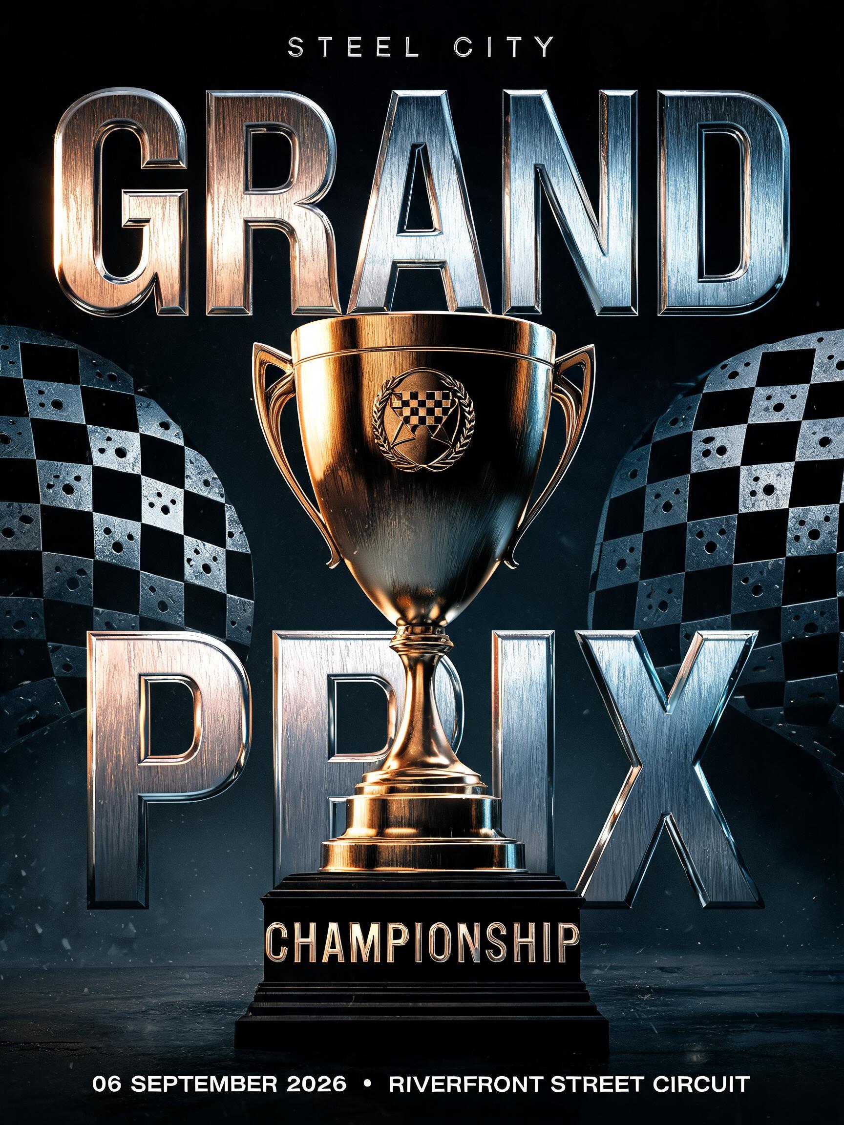 "STEEL CITY
GRAND
PRIX
CHAMPIONSHIP
06 SEPTEMBER 2026  •  RIVERFRONT STREET CIRCUIT" — Metallic text effect