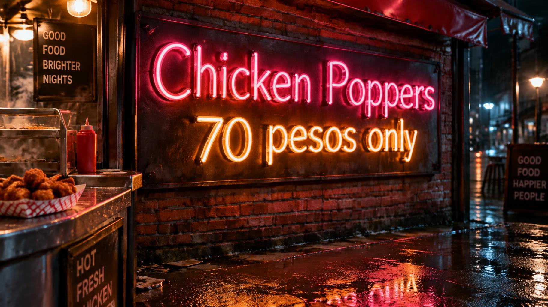 "Chicken Poppers 70 pesos only" — Neon Sign | AI Text Effect Generator