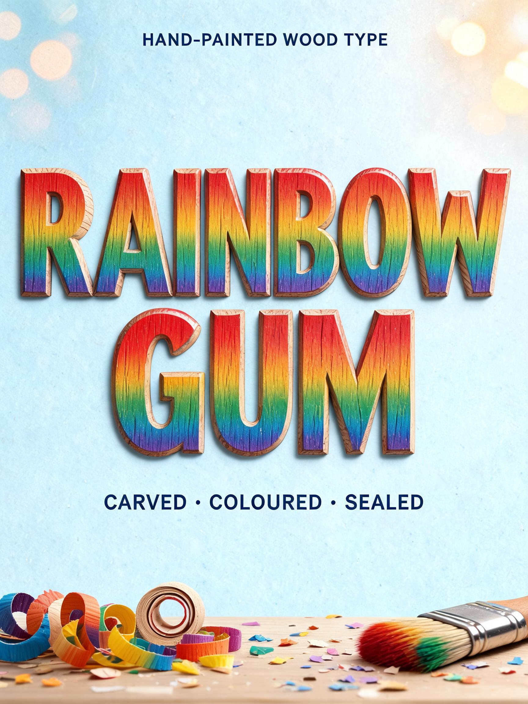 "RAINBOW GUM
HAND-PAINTED WOOD TYPE
CARVED · COLOURED · SEALED" — Rainbow | AI Text Effect Generator