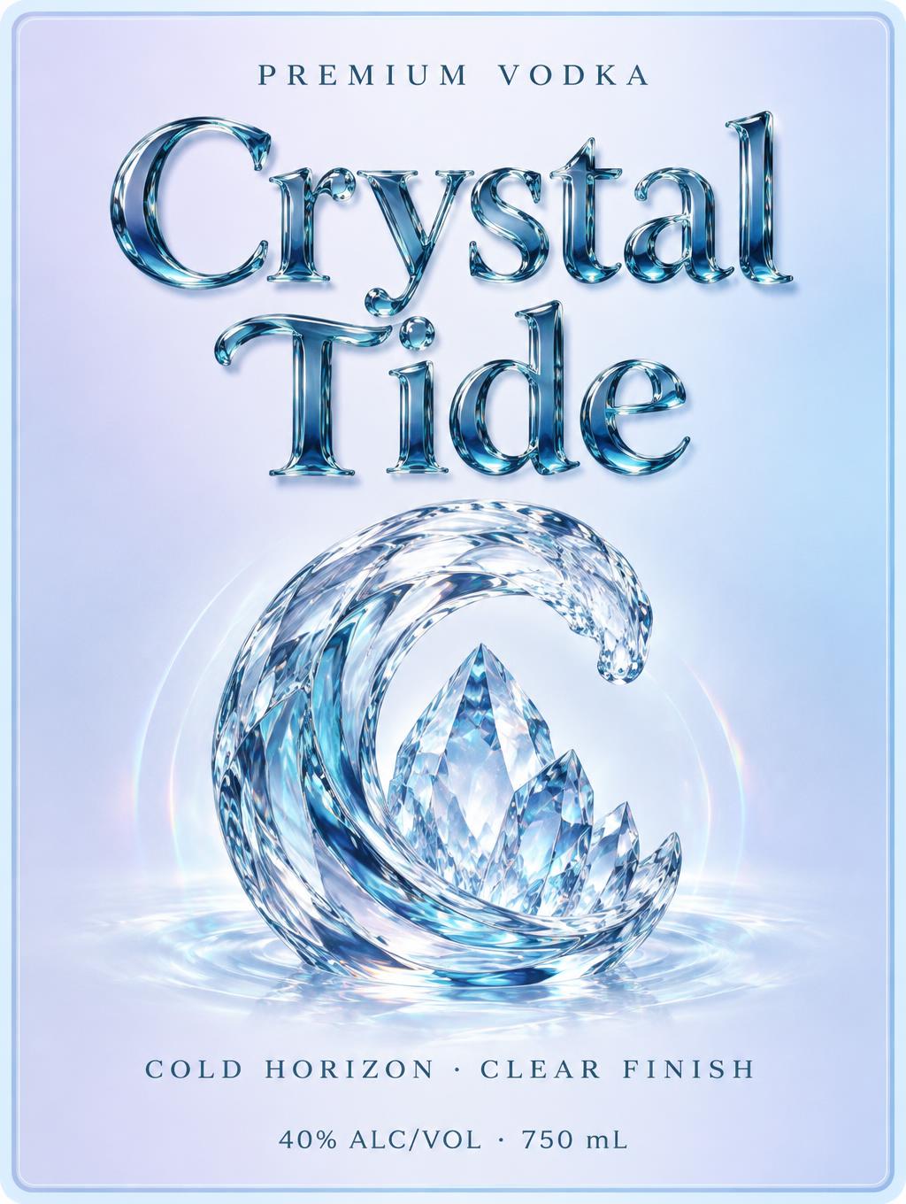 "Crystal Tide
PREMIUM VODKA
COLD HORIZON · CLEAR FINISH
40% ALC/VOL · 750 mL" — Glass Liquid | AI Text Effect Generator