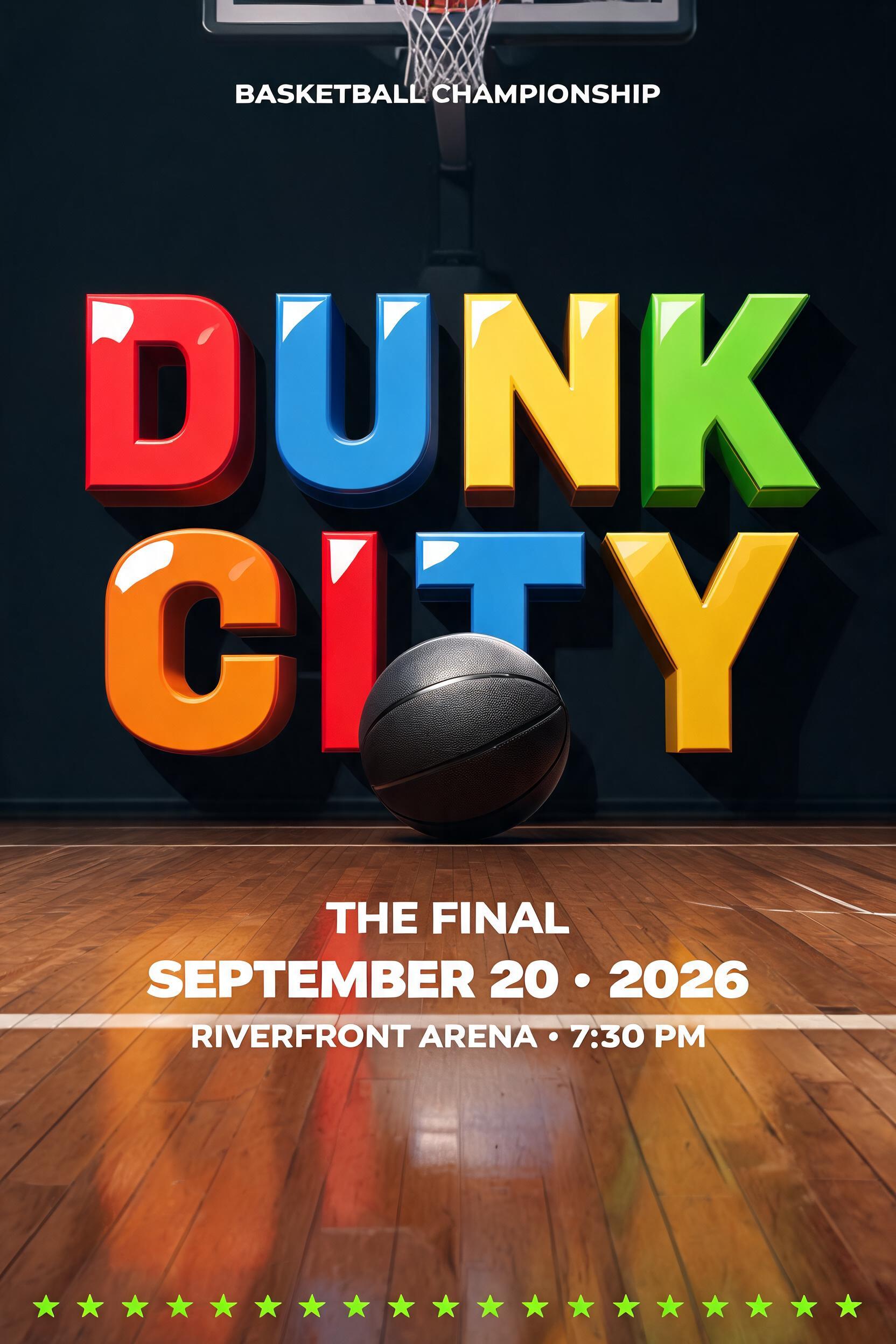 BASKETBALL CHAMPIONSHIP
DUNK CITY
THE FINAL
SEPTEMBER 20 · 2026
RIVERFRONT ARENA · 7:30 PM