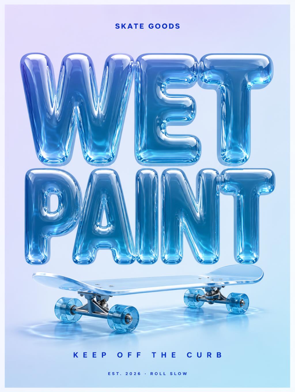 "WET
PAINT
SKATE GOODS
KEEP OFF THE CURB
EST. 2026 · ROLL SLOW" — Glass Liquid | AI Text Effect Generator