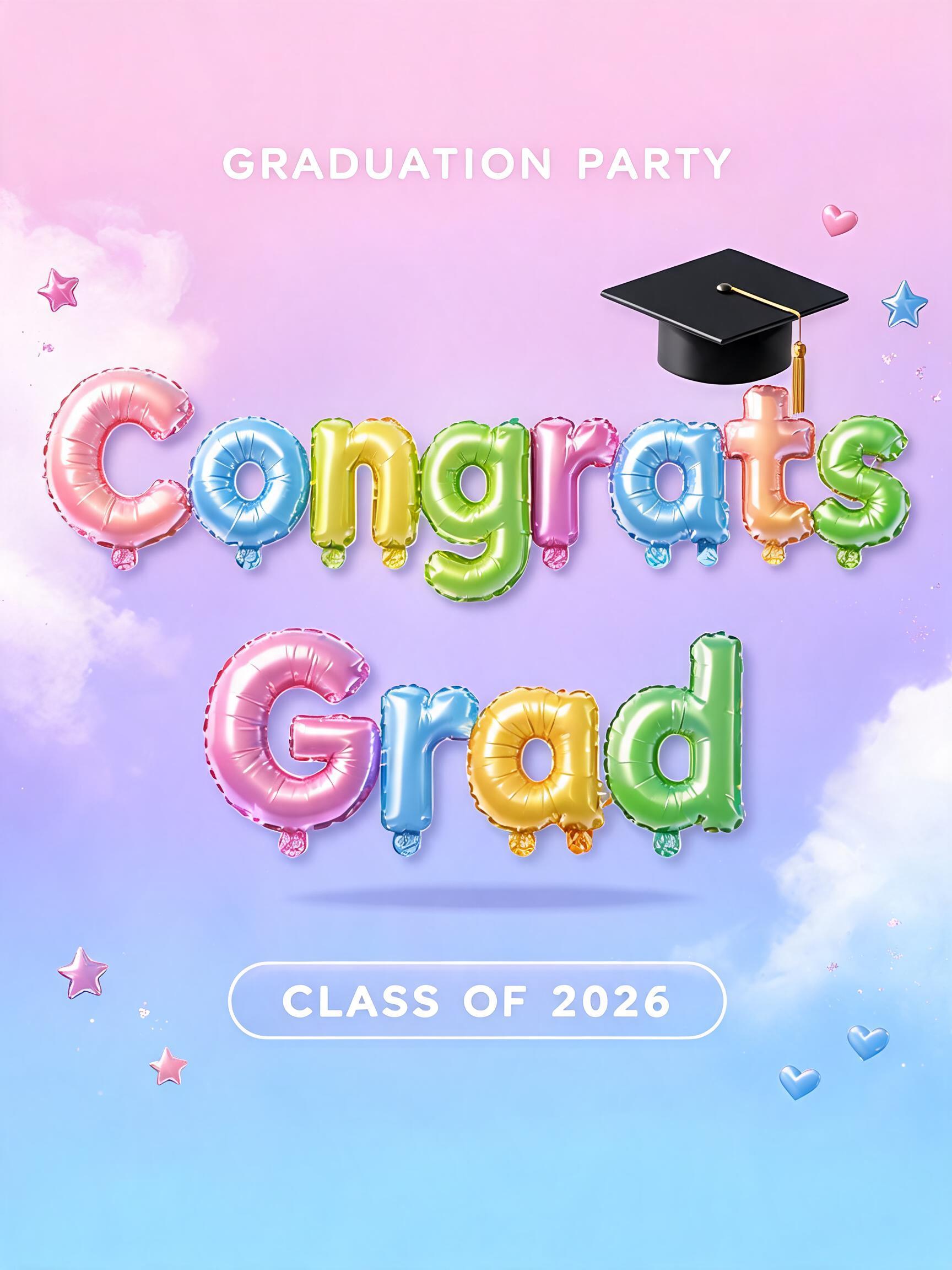 "Congrats
Grad
GRADUATION PARTY
CLASS OF 2026" — Y2k Bubbly | AI Text Effect Generator