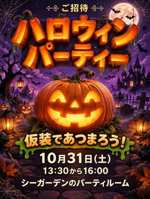 "ハロウィンパーティー
ご招待
仮装であつまろう!
10月31日(土)
13:30から16:00
シーガーデンのパーティルーム" — Halloween text effect