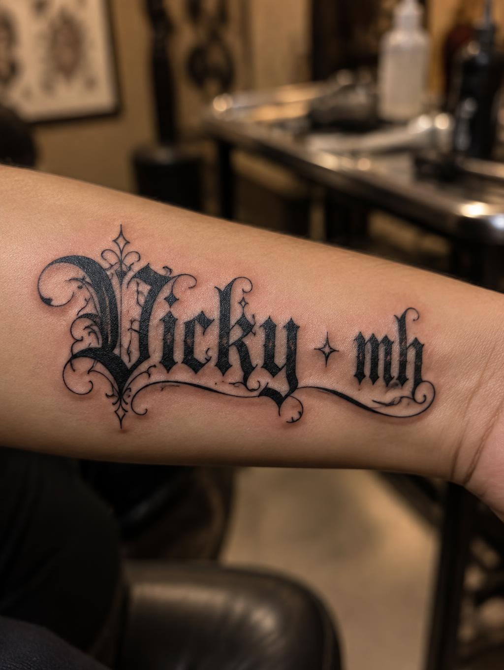 "Vicky mh" — Tattoo | AI Text Effect Generator