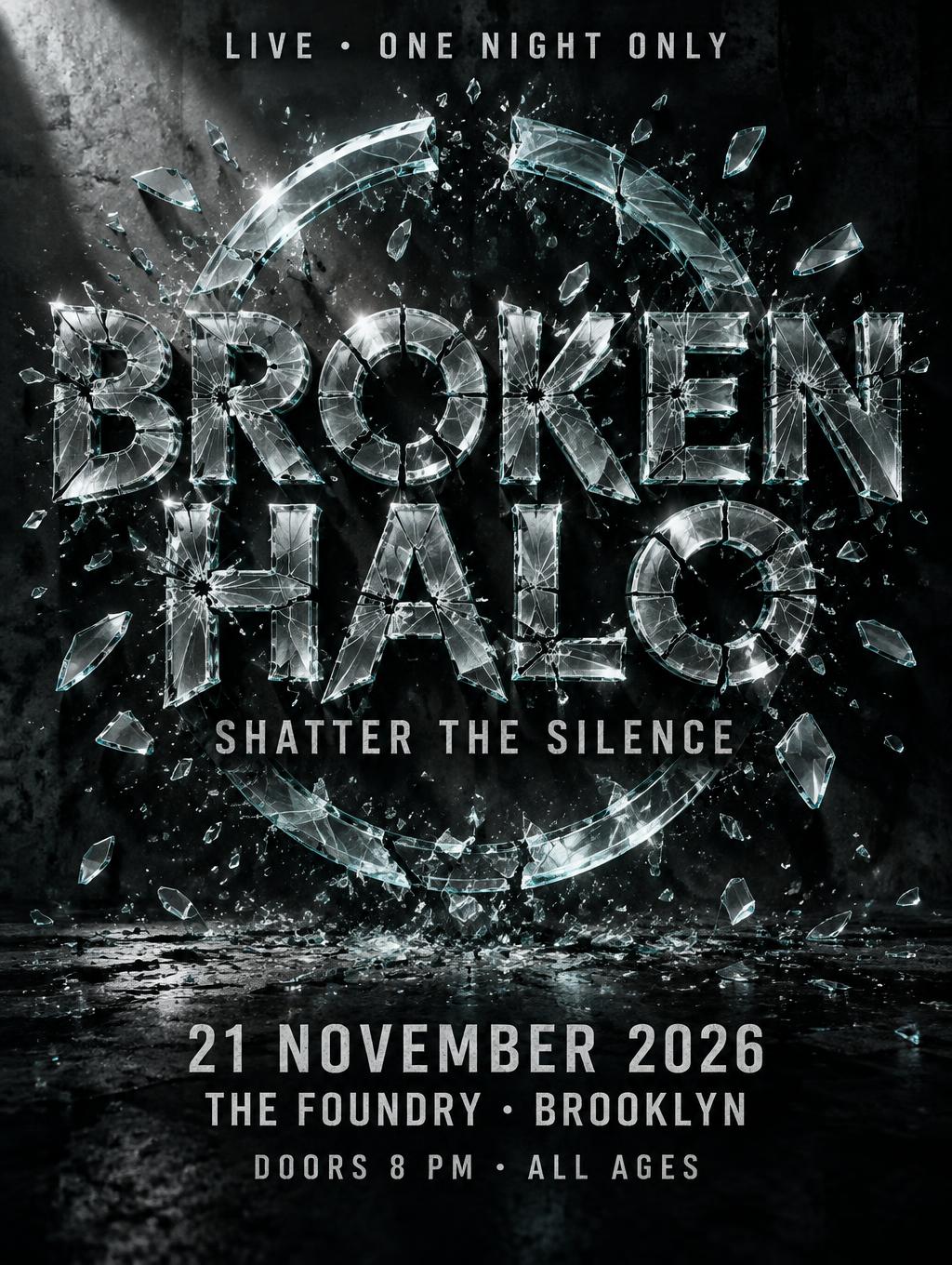 "BROKEN HALO
SHATTER THE SILENCE
LIVE • ONE NIGHT ONLY
21 NOVEMBER 2026
THE FOUNDRY · BROOKLYN
DOORS 8 PM · ALL AGES" — Glass Broken | AI Text Effect Generator