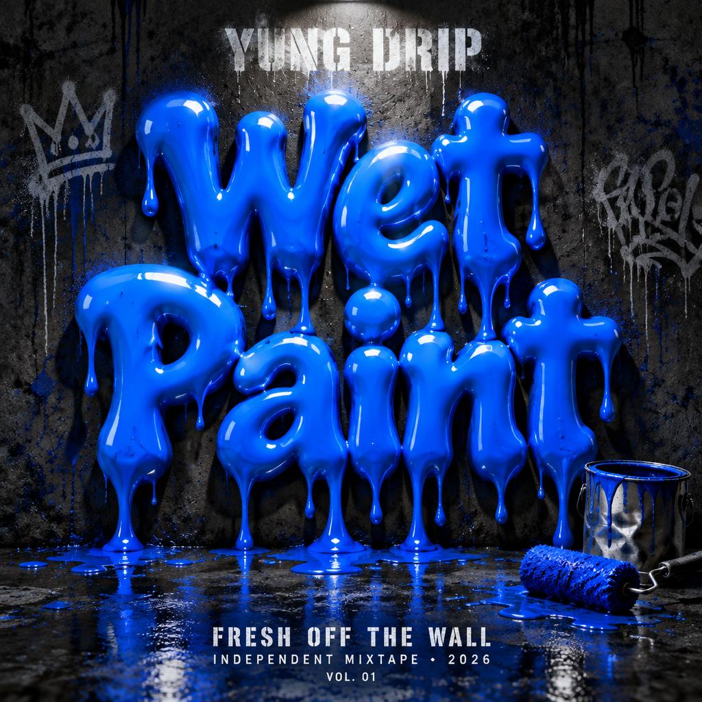"Wet Paint
Yung Drip
FRESH OFF THE WALL
INDEPENDENT MIXTAPE • 2026
VOL. 01" — Drip Font | AI Text Effect Generator