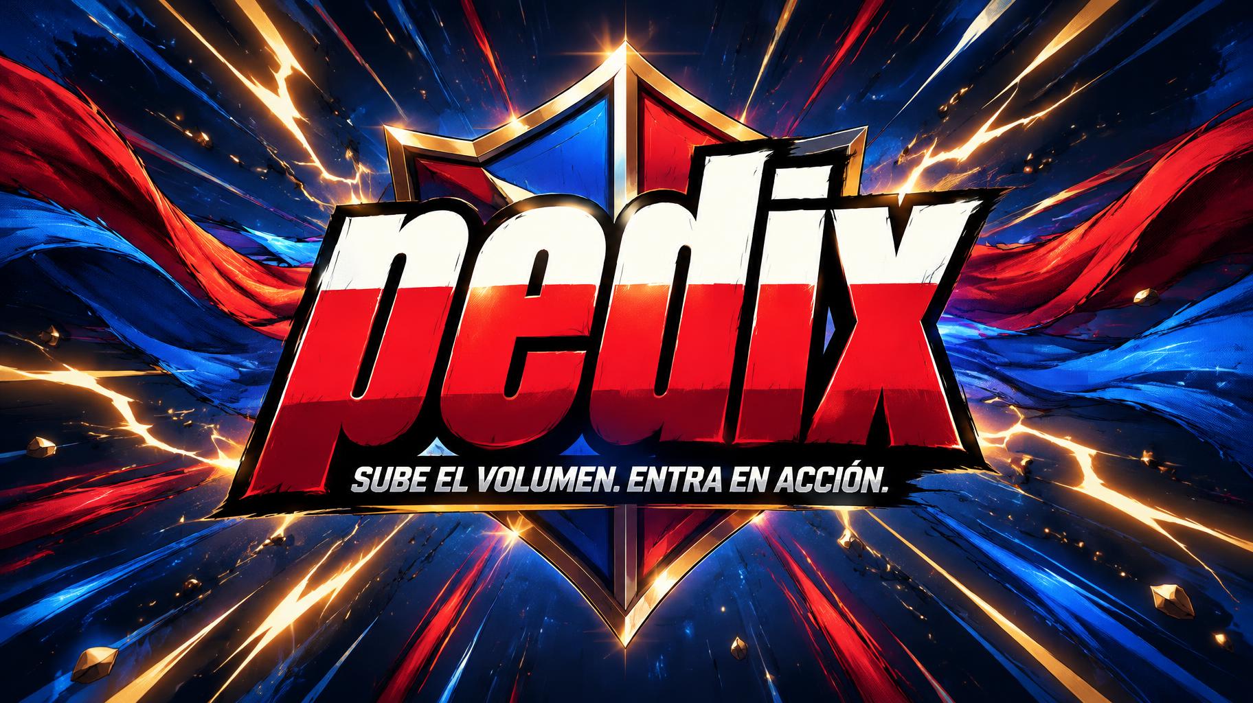 "pedix
SUBE EL VOLUMEN. ENTRA EN ACCIÓN." — Superhero text effect