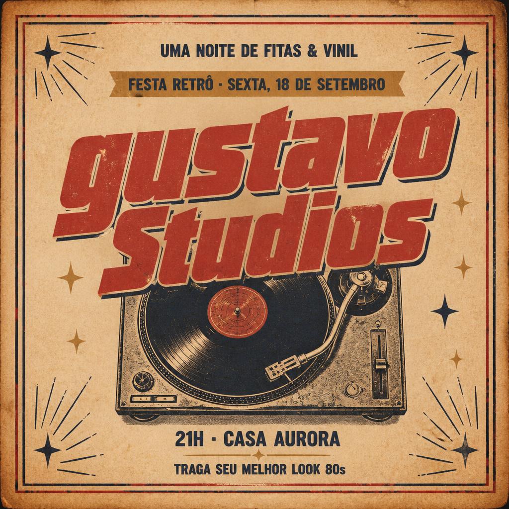 "gustavo Studios
UMA NOITE DE FITAS & VINIL
FESTA RETRÔ · SEXTA, 18 DE SETEMBRO
21H · CASA AURORA
TRAGA SEU MELHOR LOOK 80s" — Vintage | AI Text Effect Generator