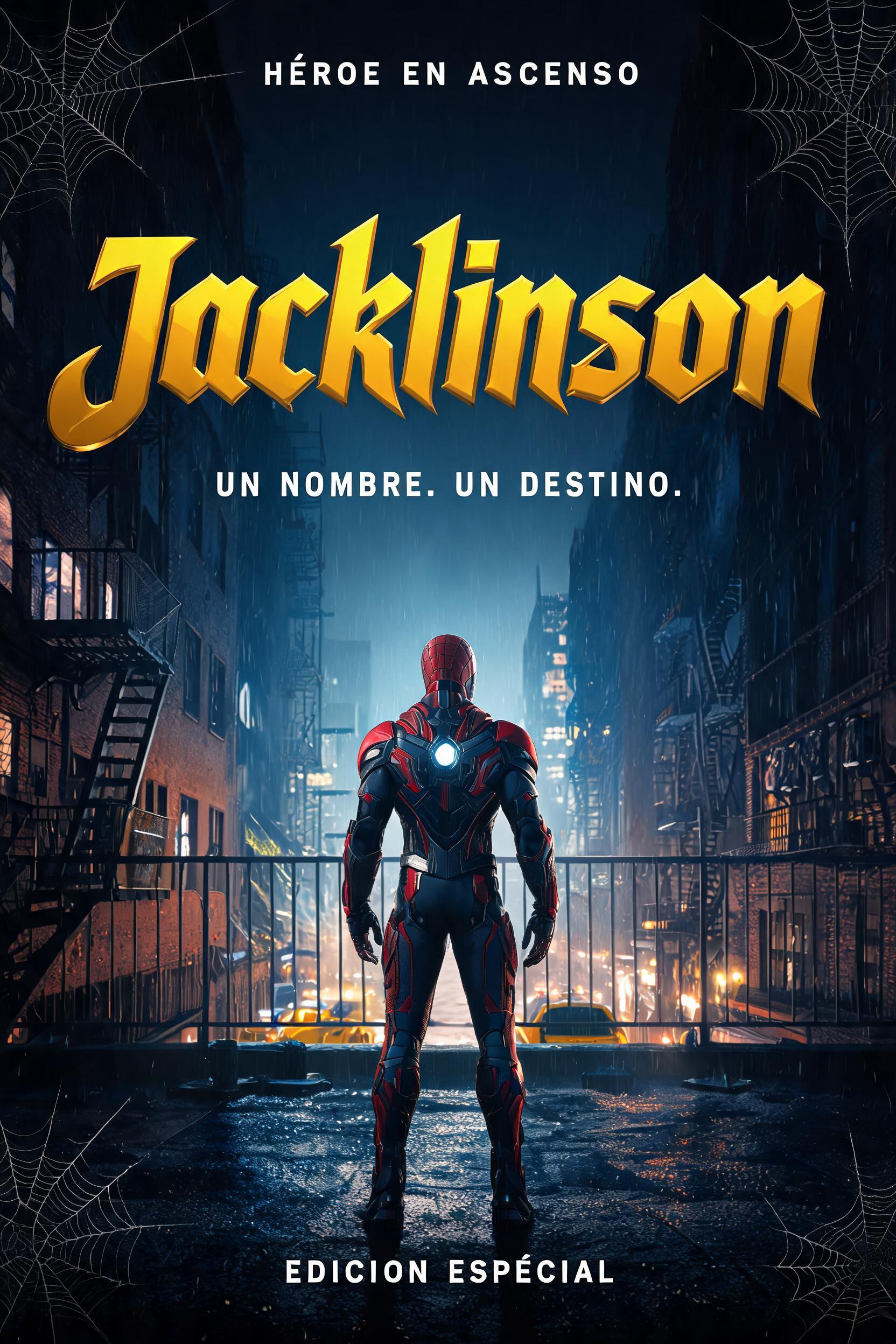 "Jacklinson
HÉROE EN ASCENSO
UN NOMBRE. UN DESTINO.
EDICIÓN ESPECIAL" — Spider Hero text effect